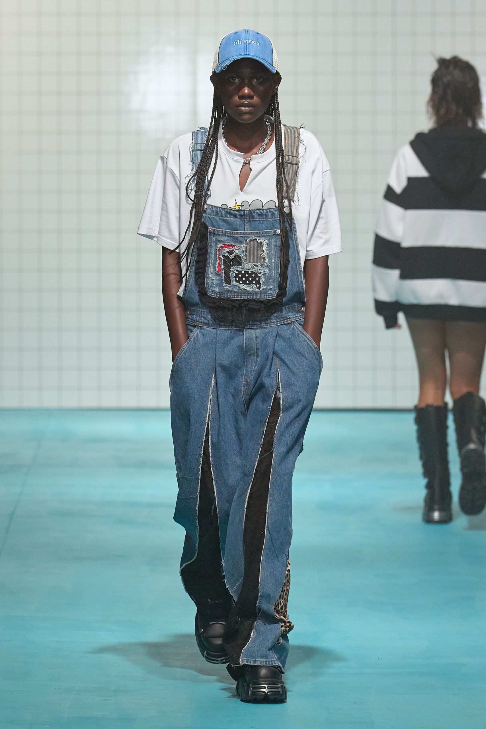 blue denim overalls with white t-shirt