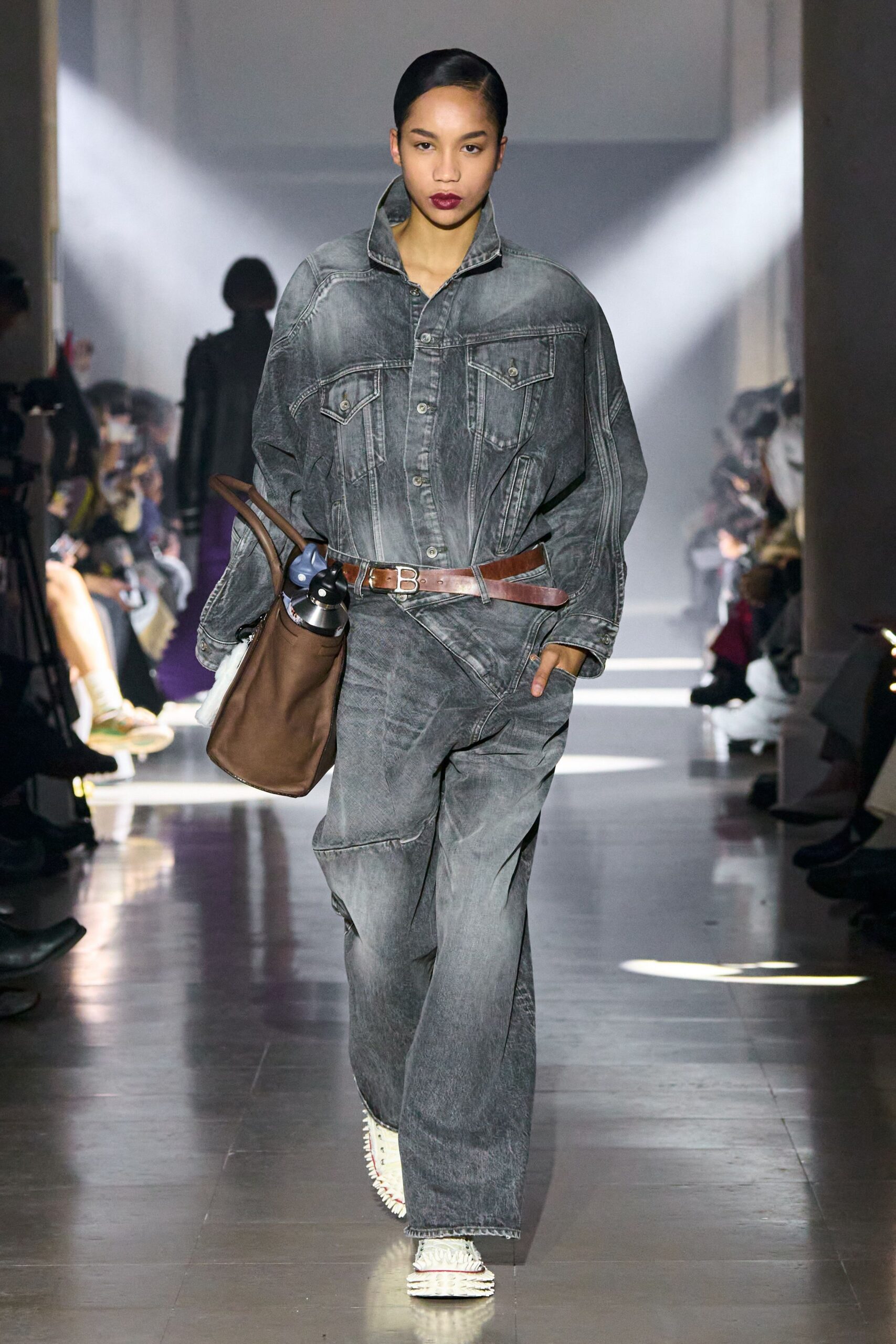 gray denim long-sleeve collared oversized buttoned pockets jumpsuit
