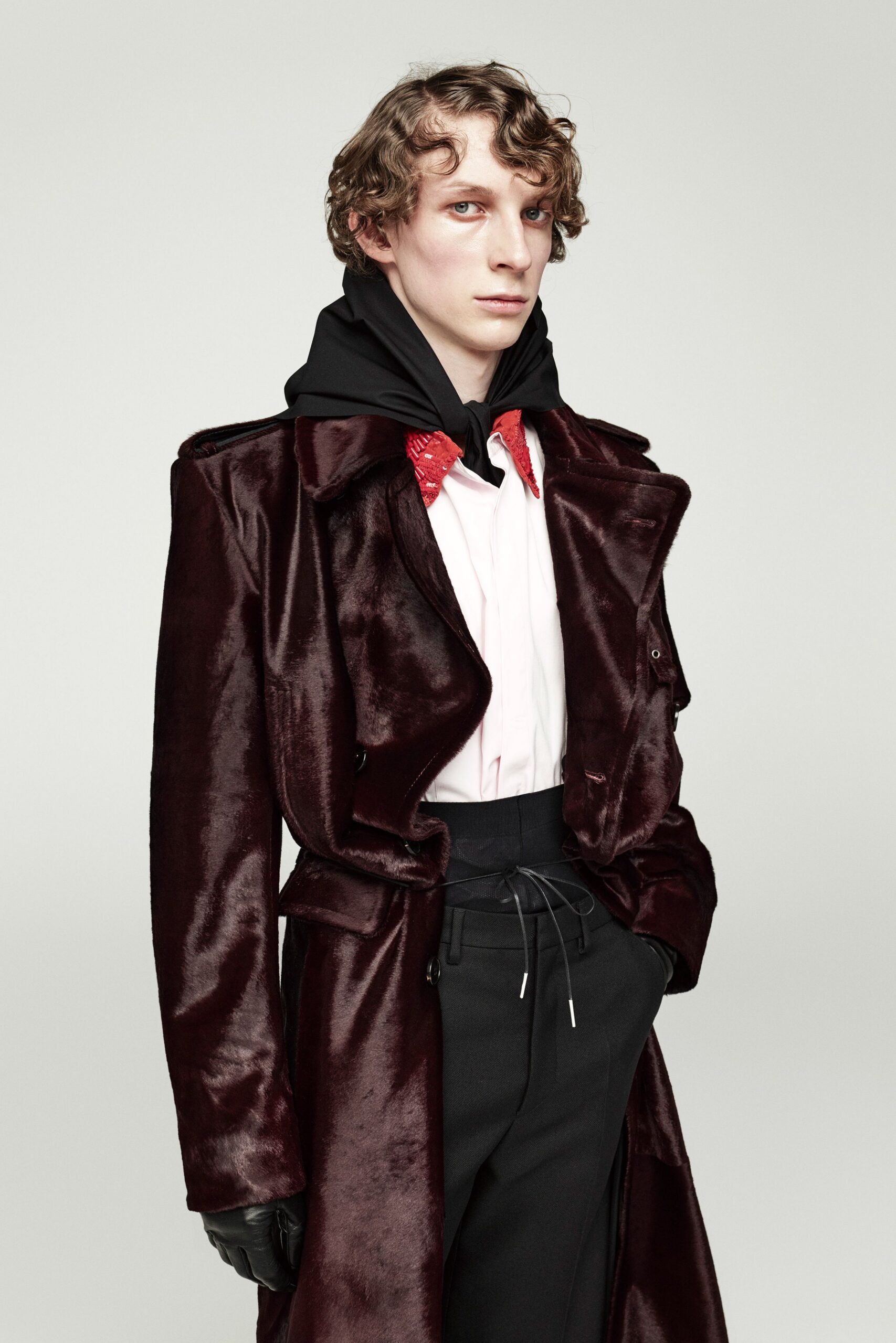 maroon velvet coat with black scarf
