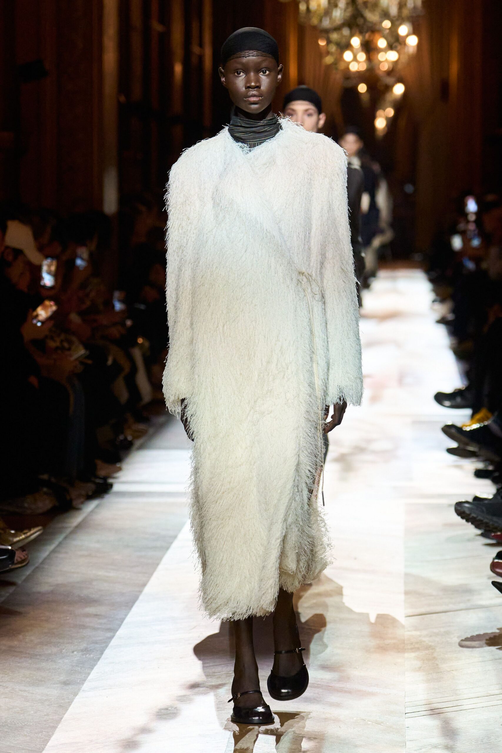 white fur long-sleeve collared relaxed draped textured coat
