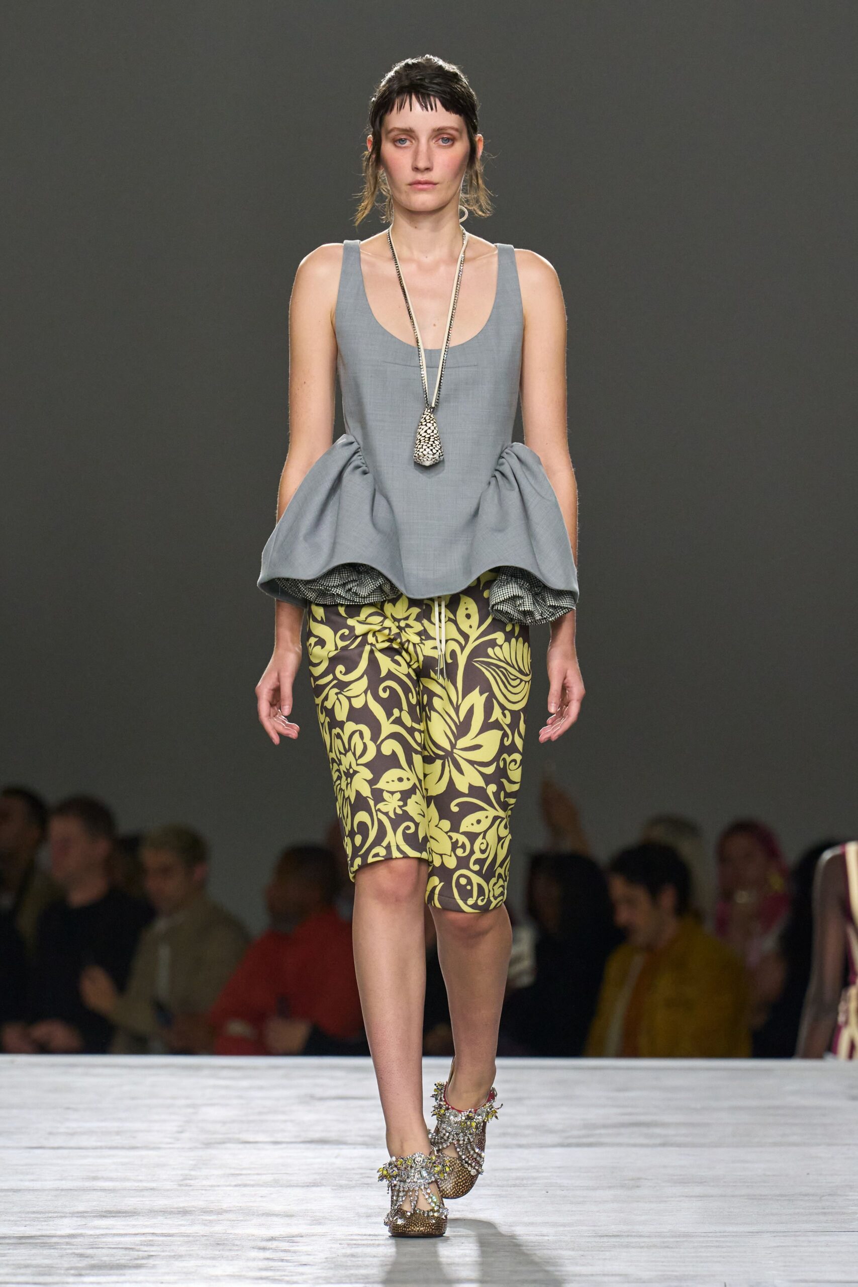 gray cotton sleeveless v-neck fitted pleated top