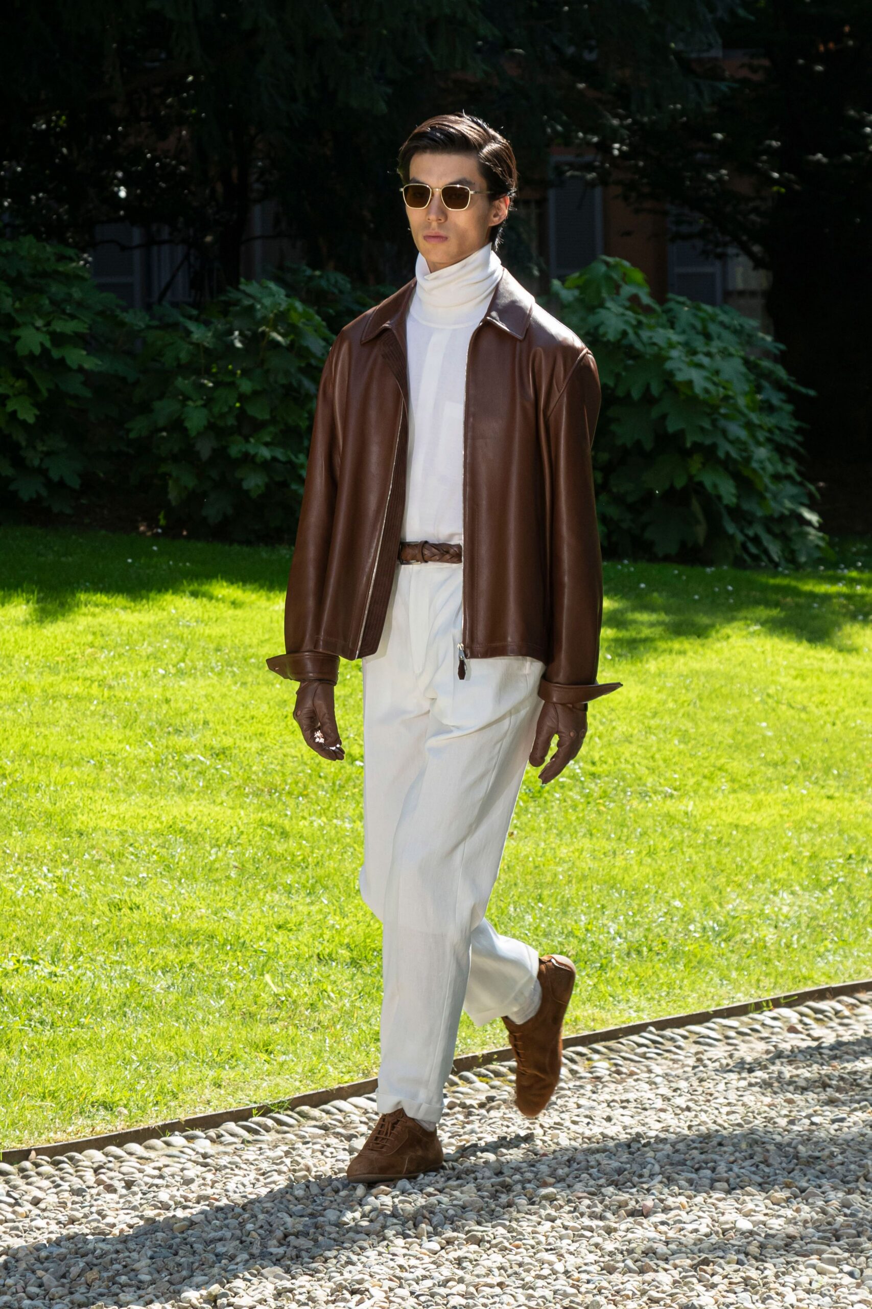 brown leather jacket with turtleneck