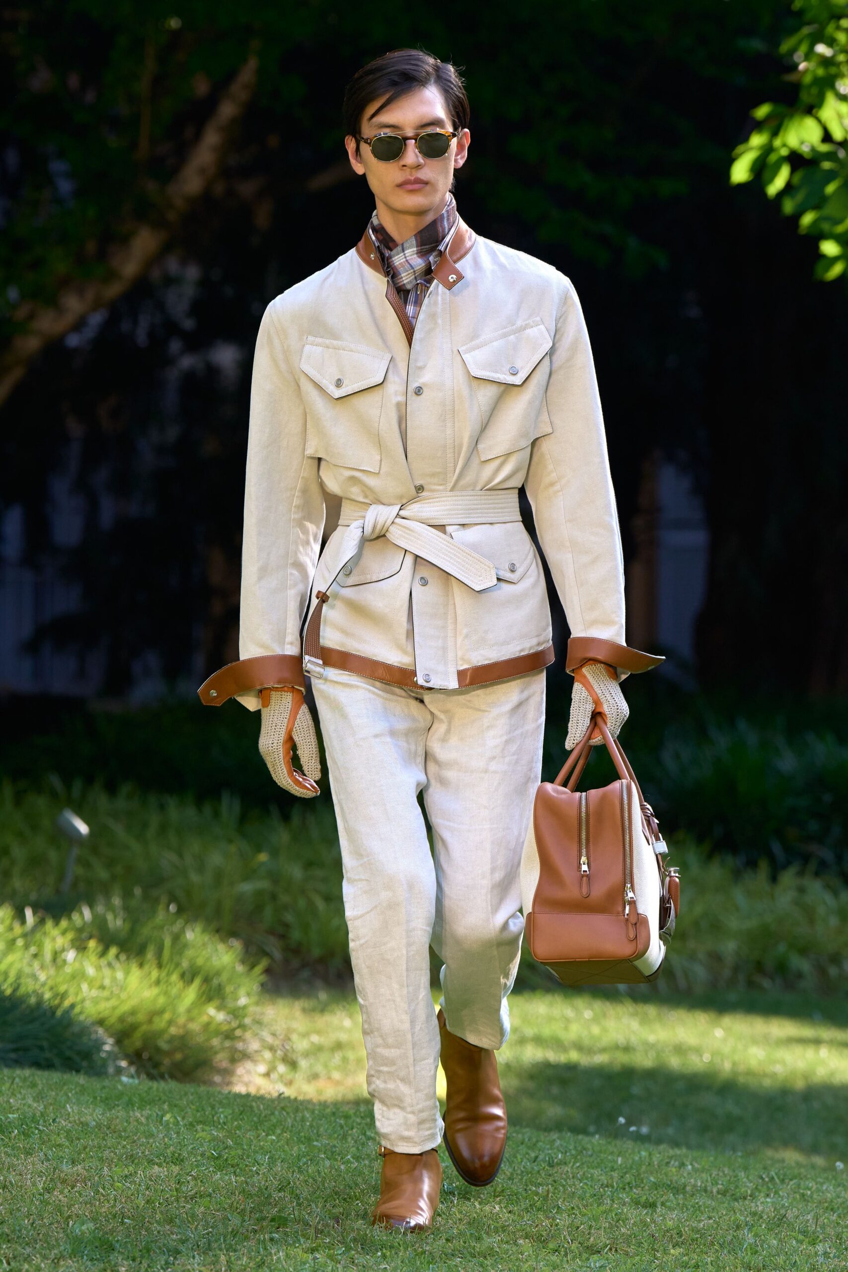 beige structured jacket with tailored pants