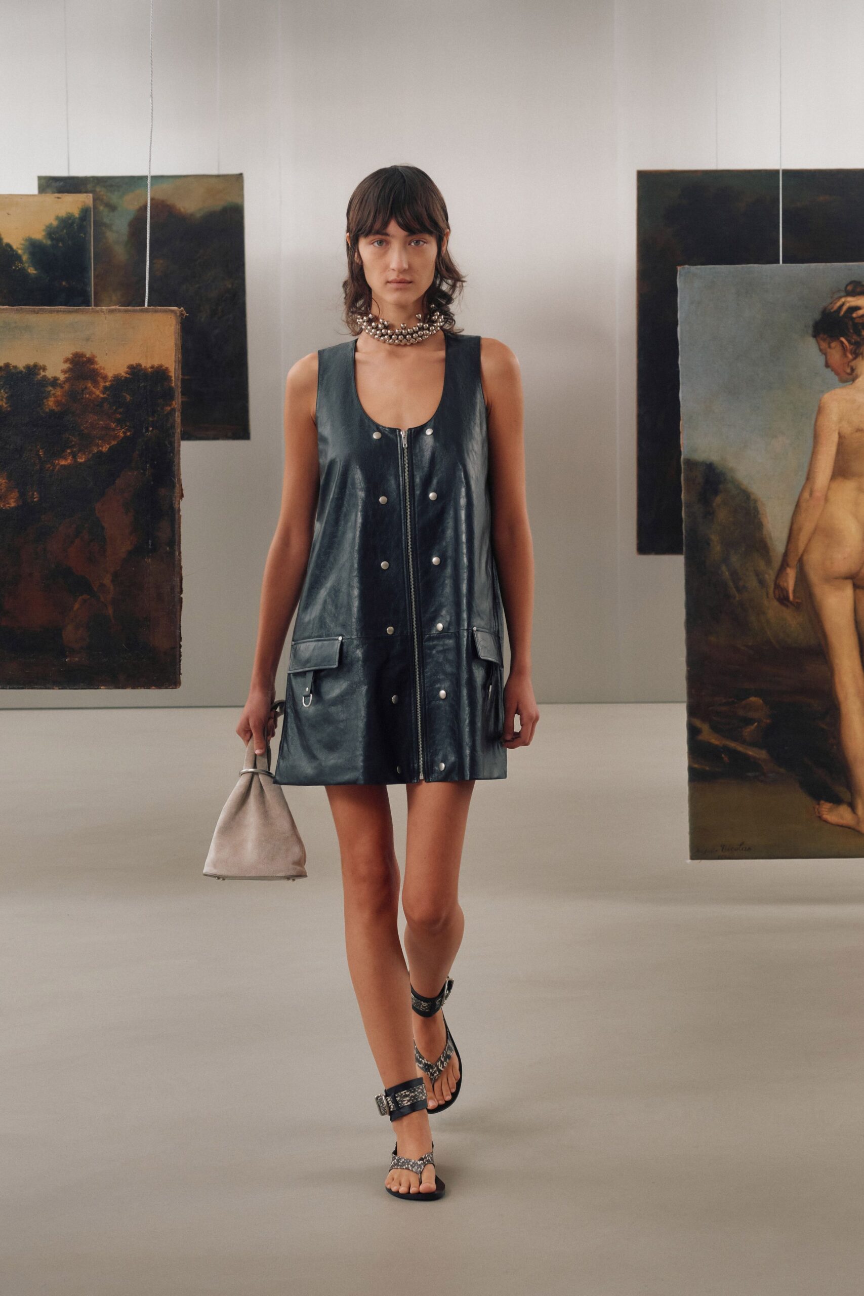 black leather sleeveless collared fitted buttoned pockets dress