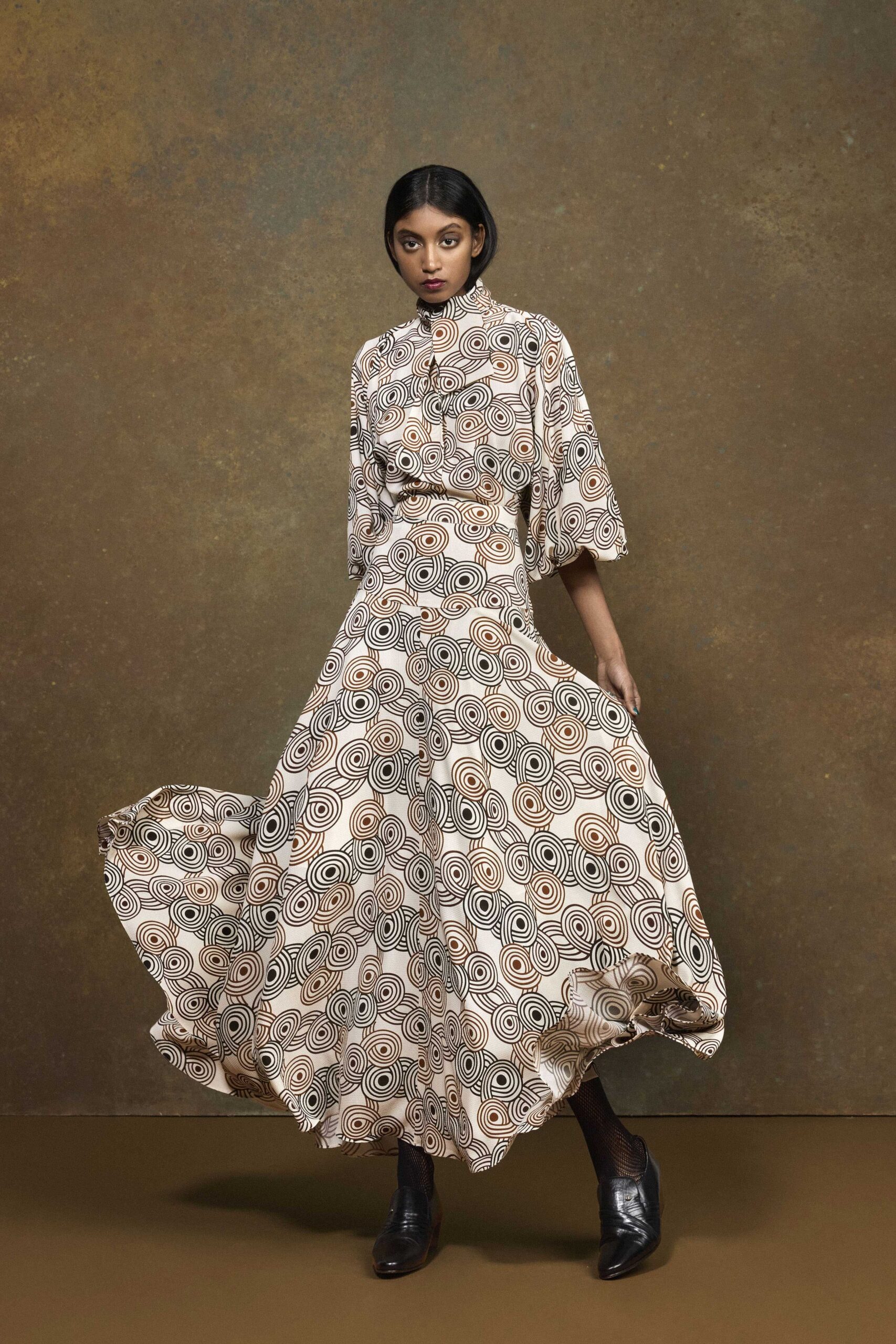 beige cotton long-sleeve collared fitted printed tiered dress