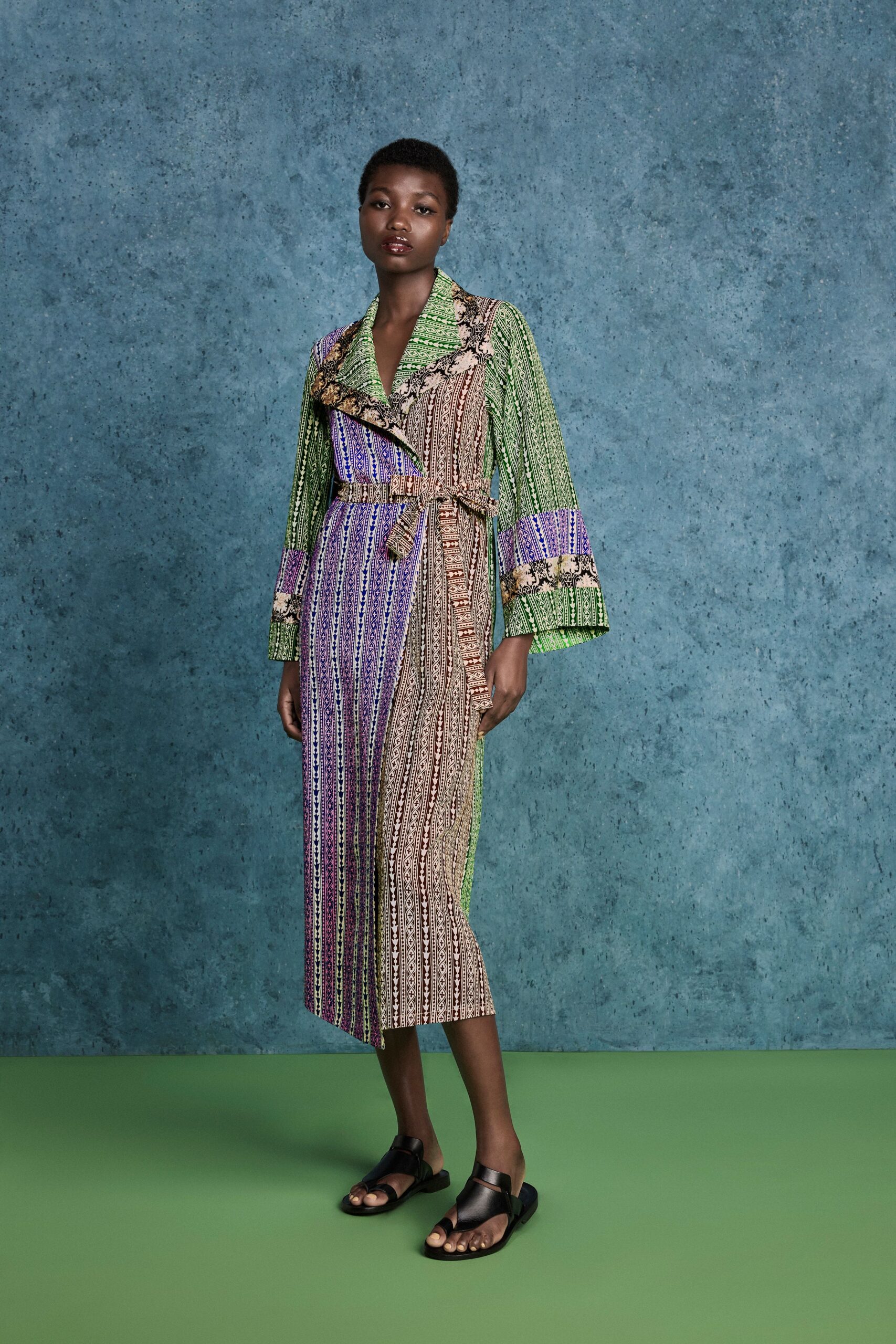 green cotton long-sleeve collared fitted belted striped dress