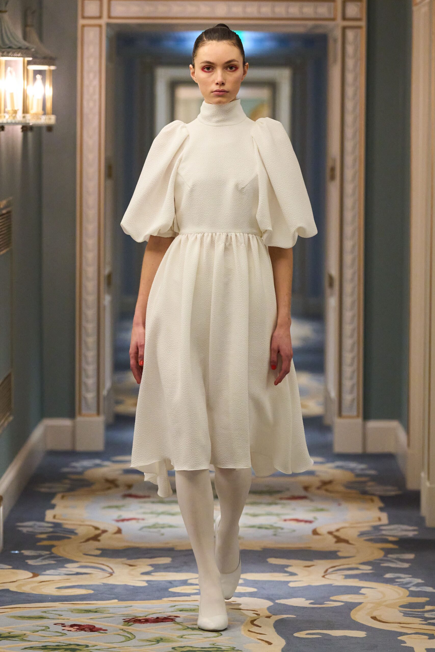 white cotton long-sleeve high-neck fitted pleated tiered dress