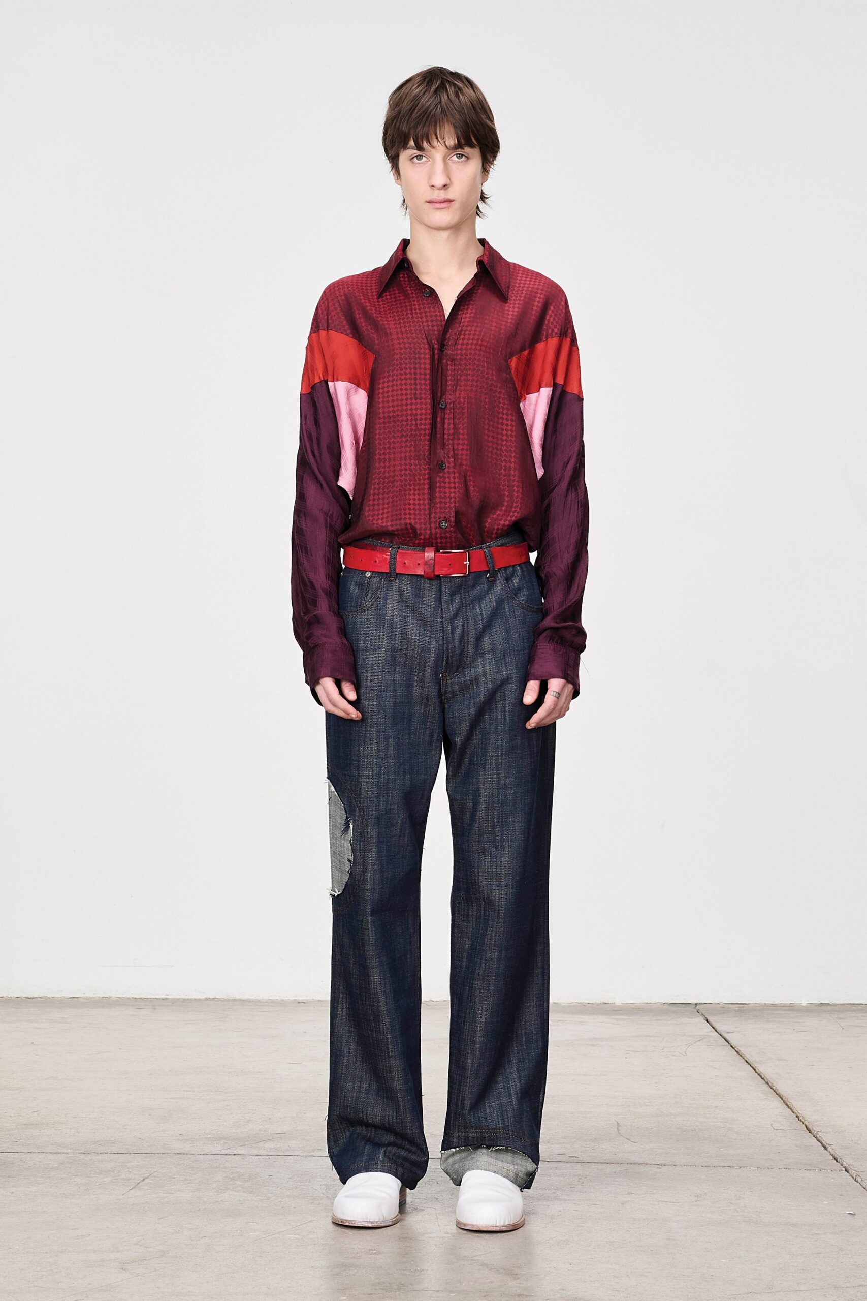 red cotton long-sleeve collared relaxed buttoned printed shirt