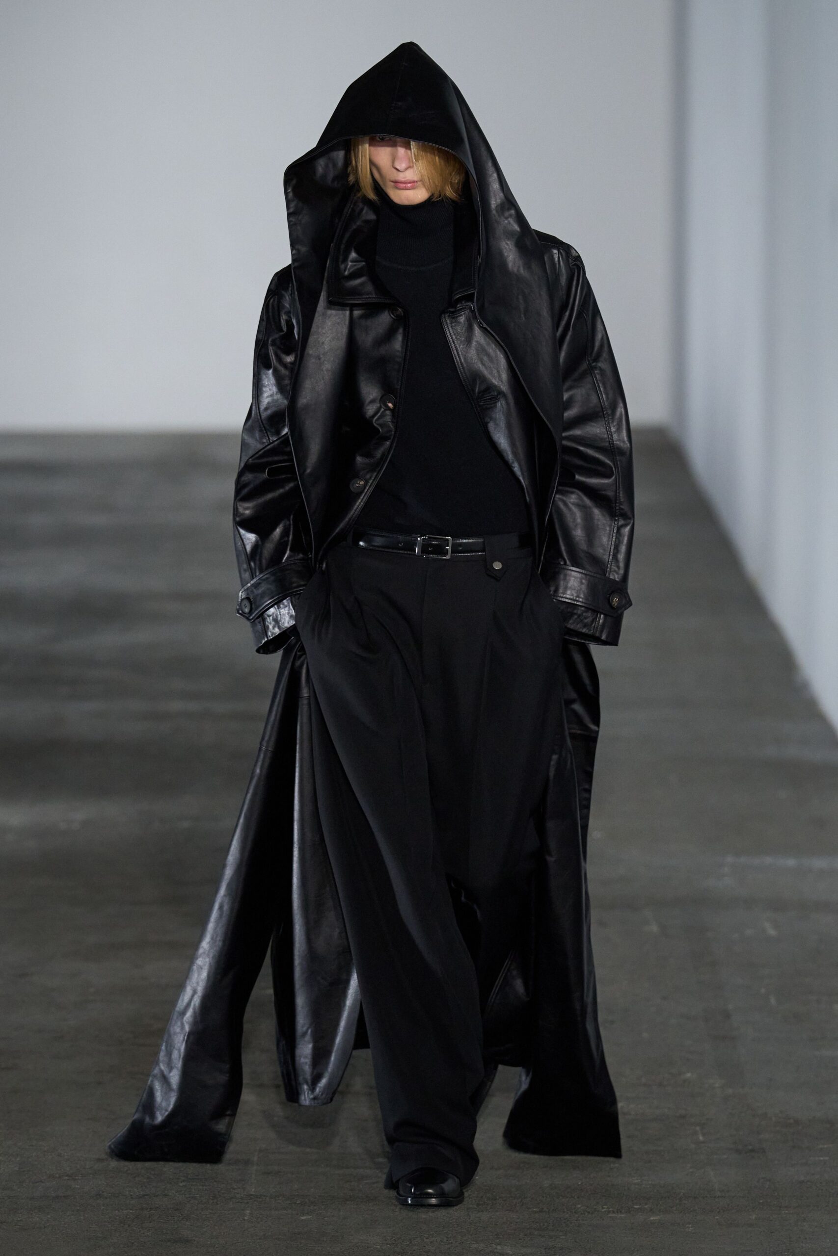 black leather long-sleeve hooded relaxed zippered coat