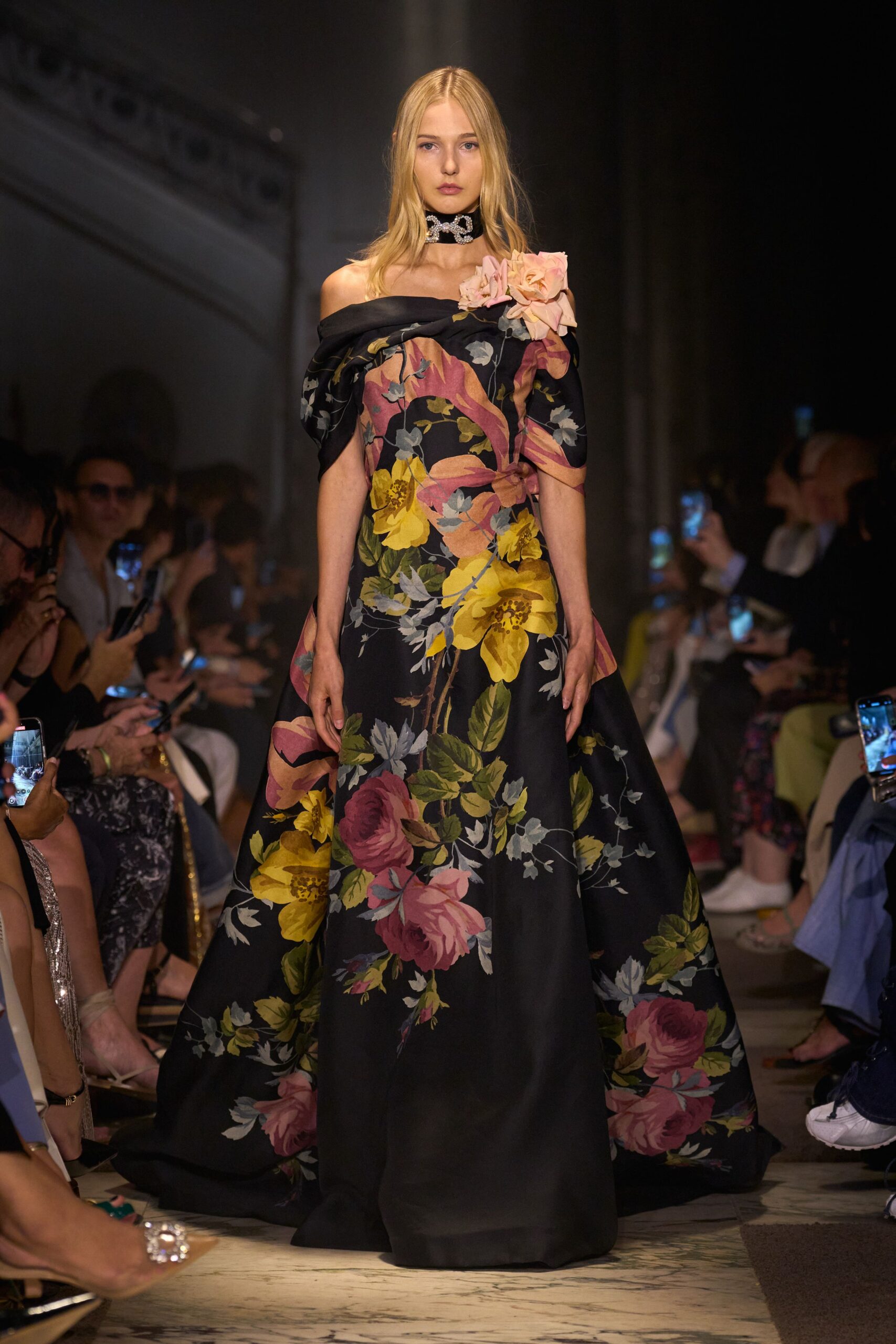 black floral off-shoulder gown