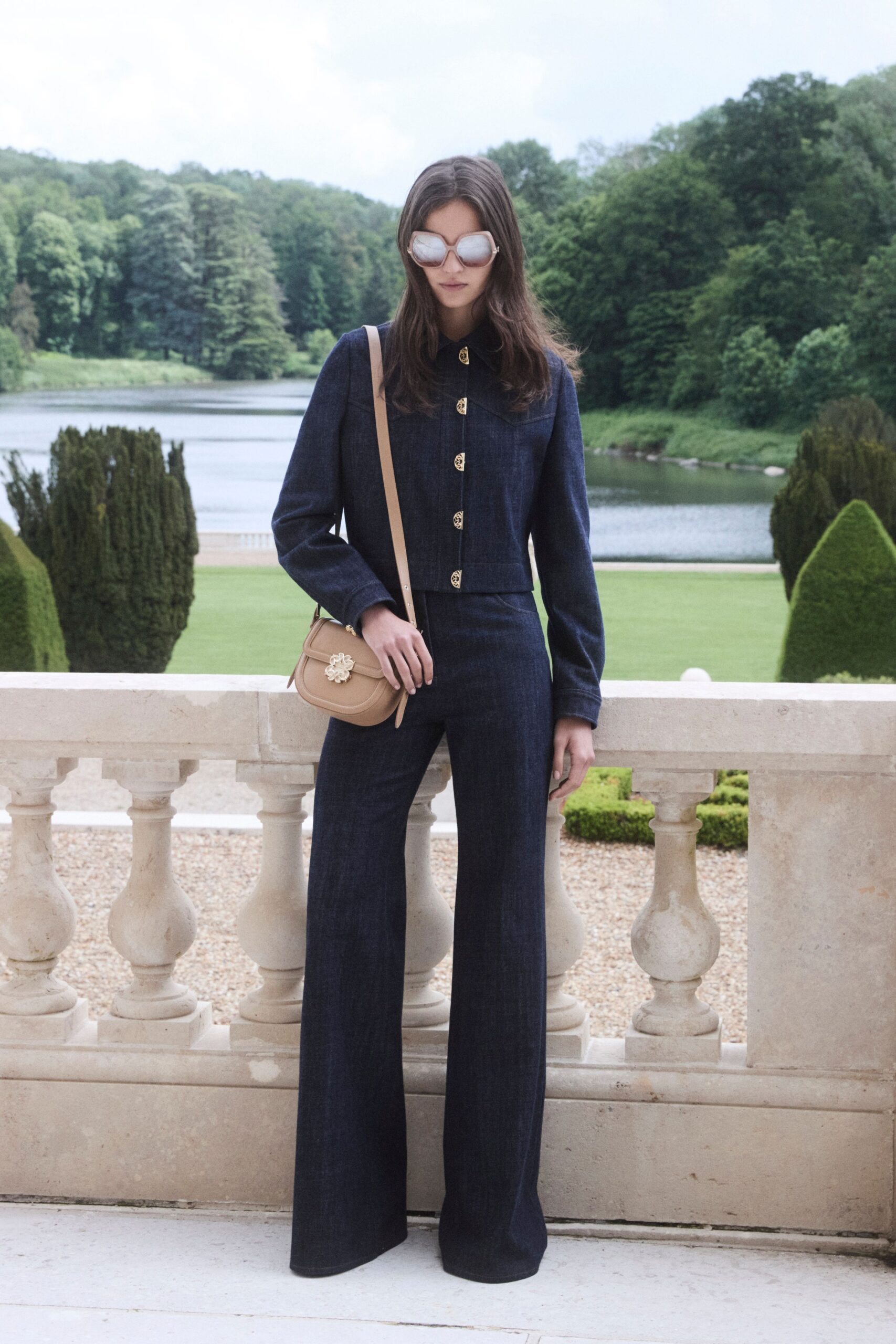blue denim long-sleeve collared fitted buttoned wide-leg jumpsuit