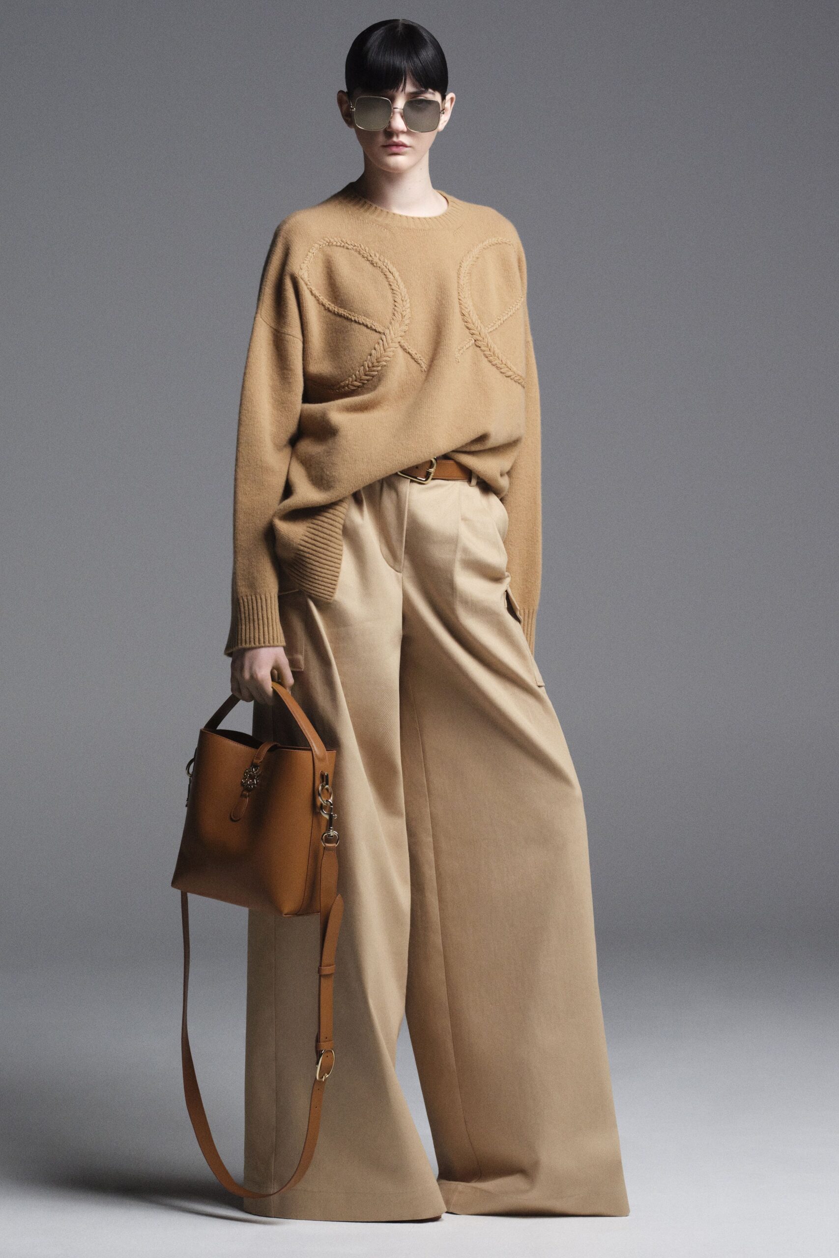 beige wool long-sleeve collared oversized embroidered sweater