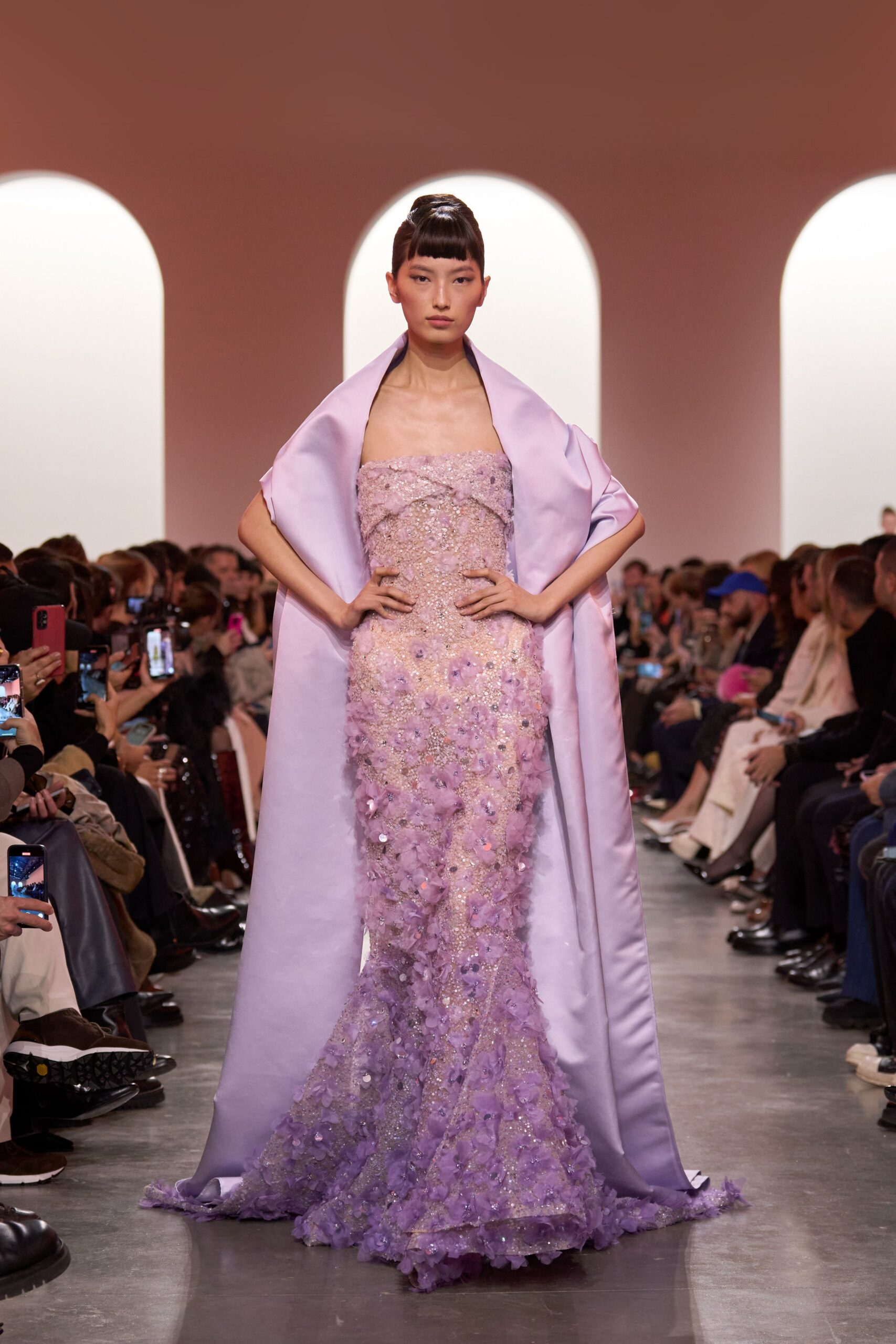 purple silk strapless fitted beaded draped shiny gown
