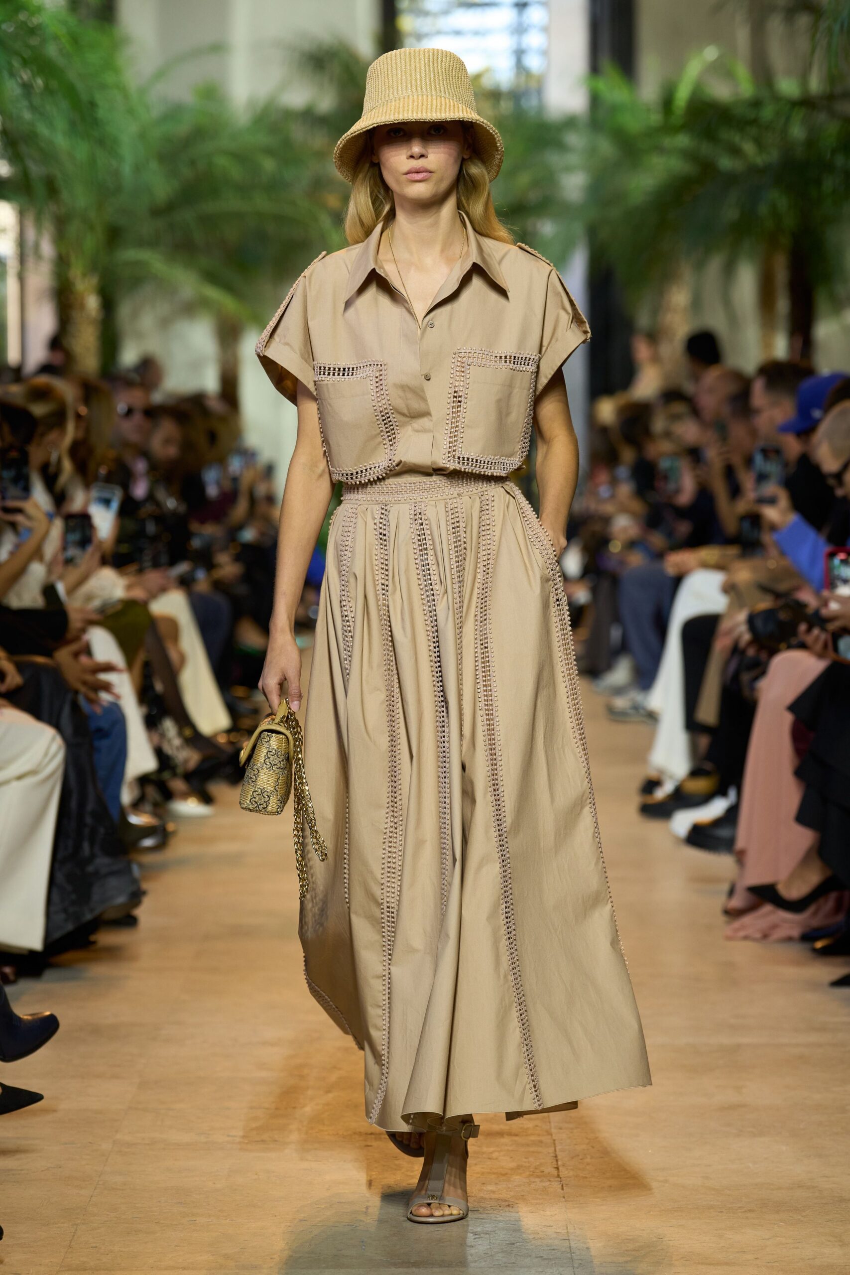 beige cotton short-sleeve collared relaxed pleated maxi dress