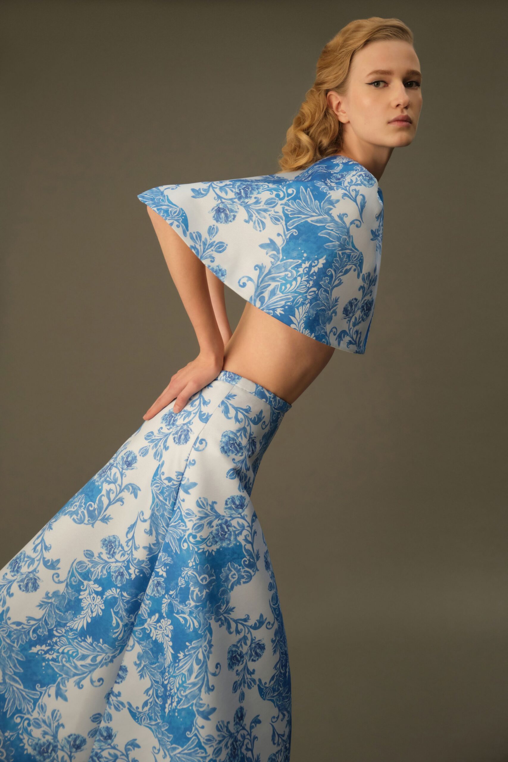 blue cotton fitted a-line printed maxi skirt