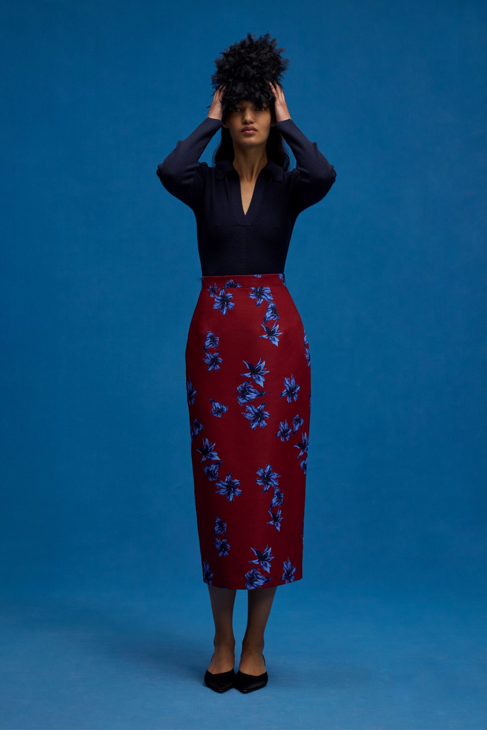 navy top red midi skirt