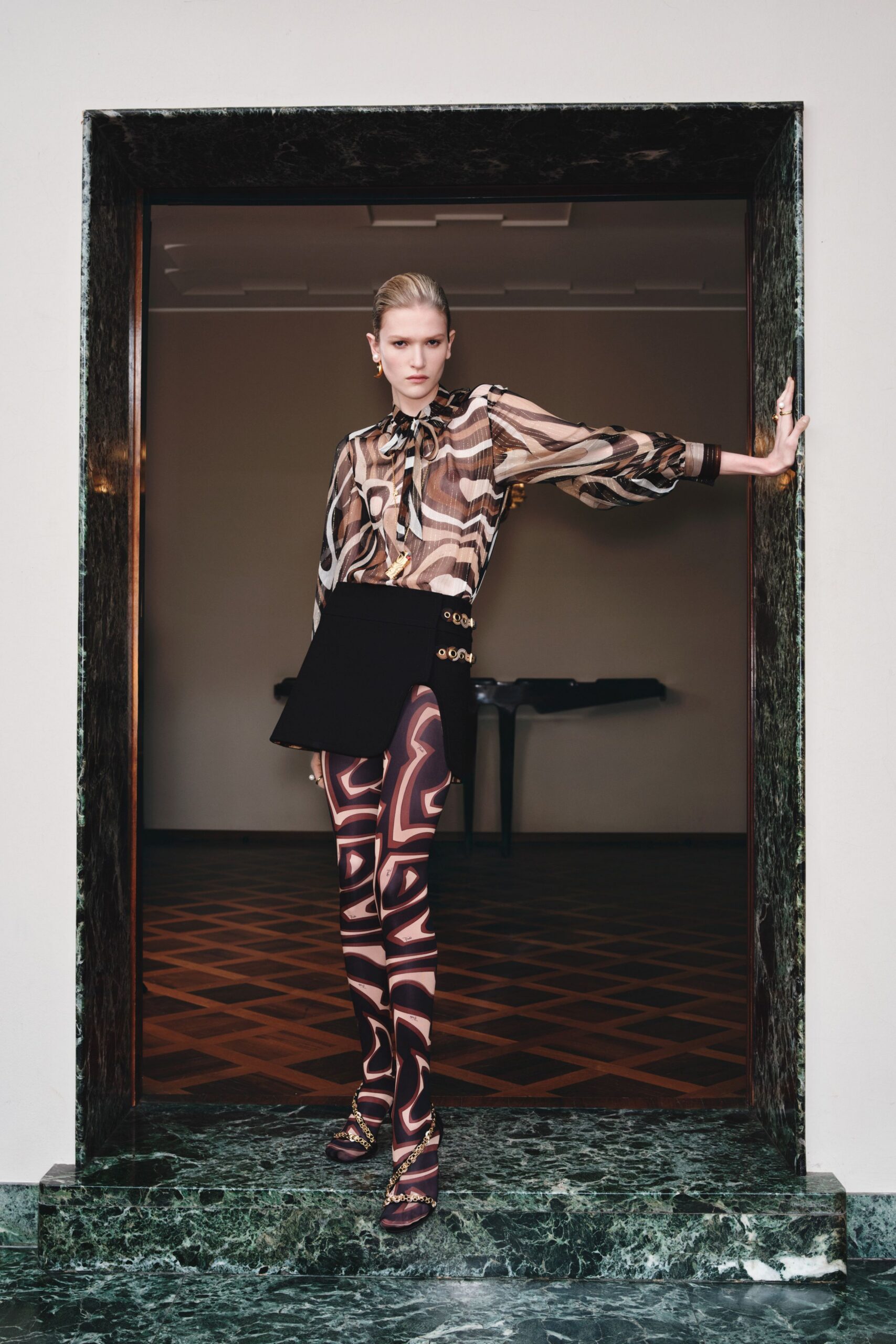 brown silk long-sleeve collared fitted printed shirt