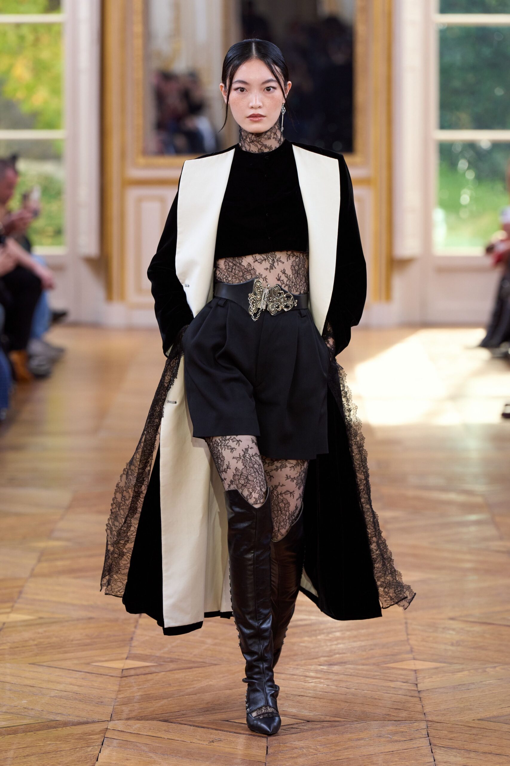 black silk long-sleeve collared fitted layered coat