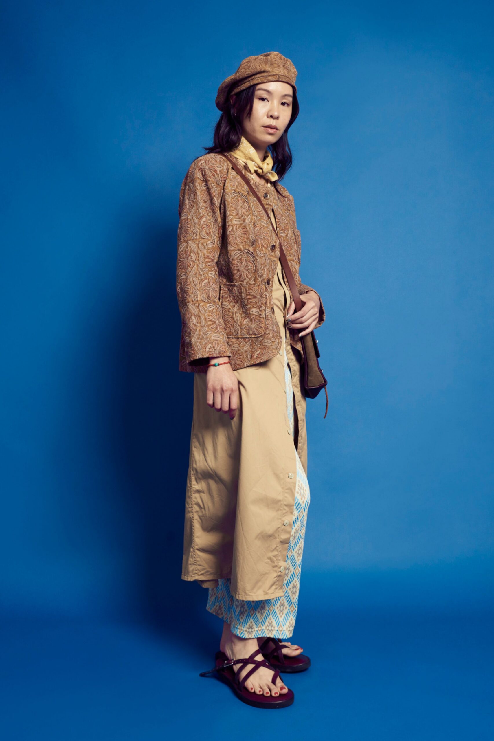 beige cotton long-sleeve collared fitted buttoned midi dress