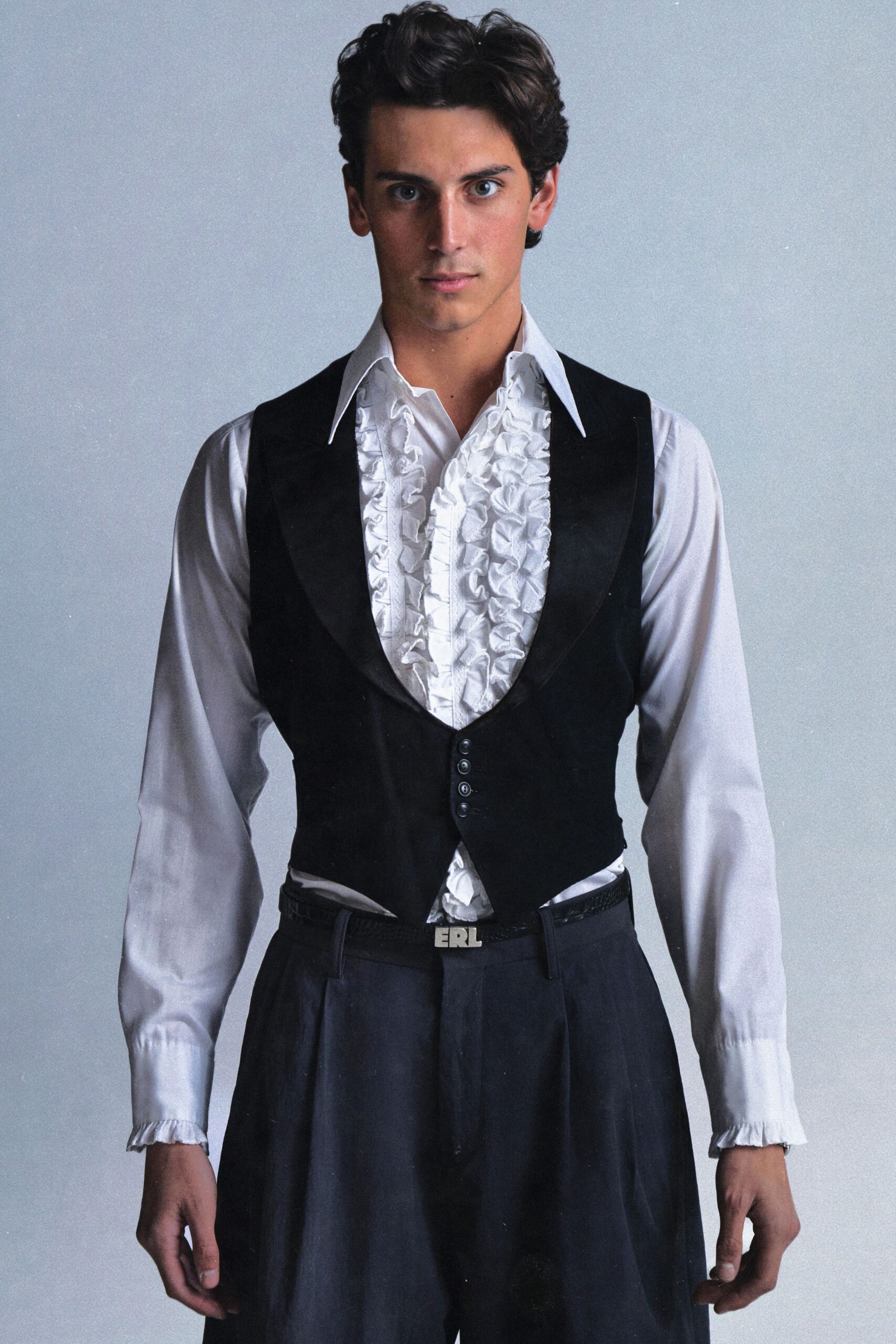 white cotton long-sleeve collared fitted ruffled shirt