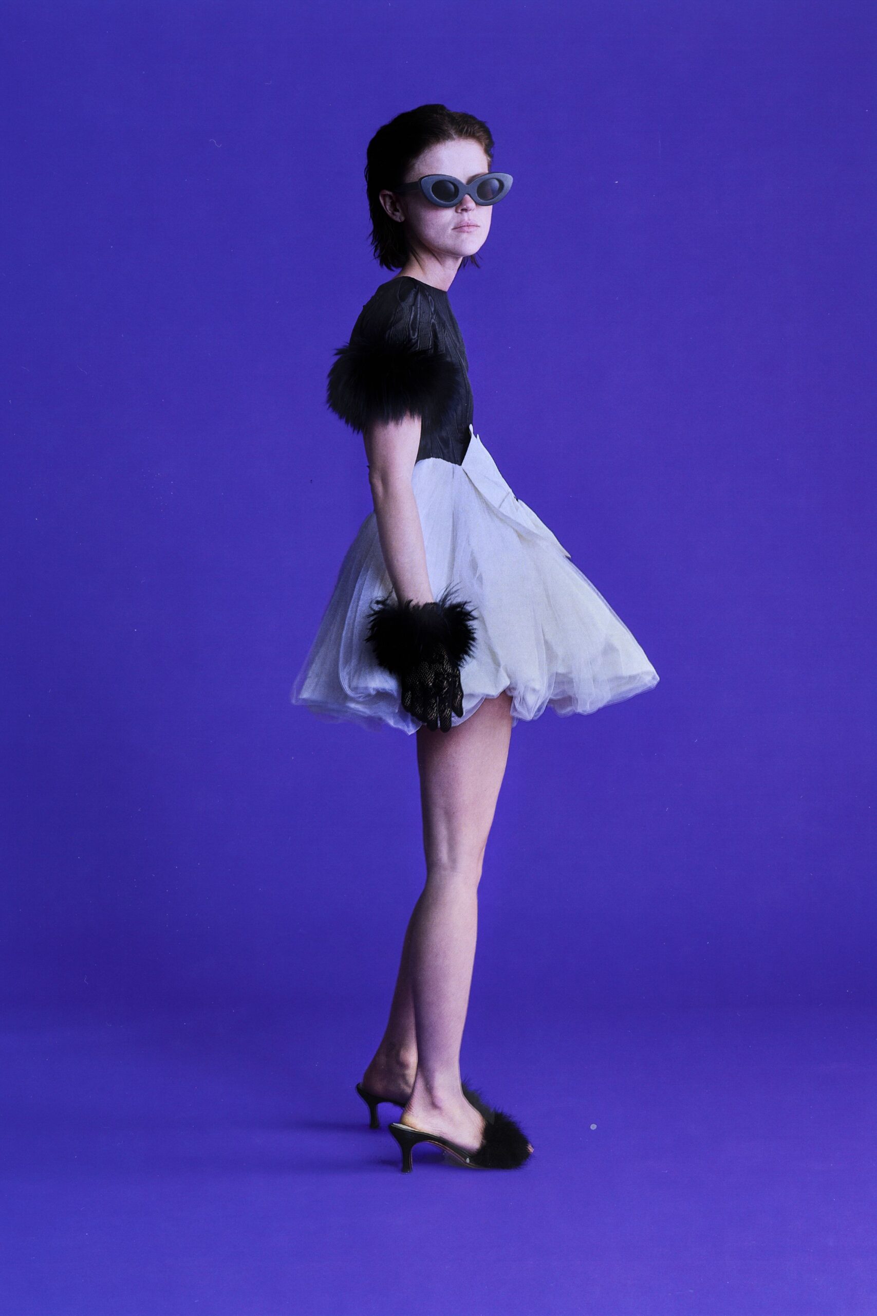 black tulle short-sleeve v-neck fitted pleated ruffled dress