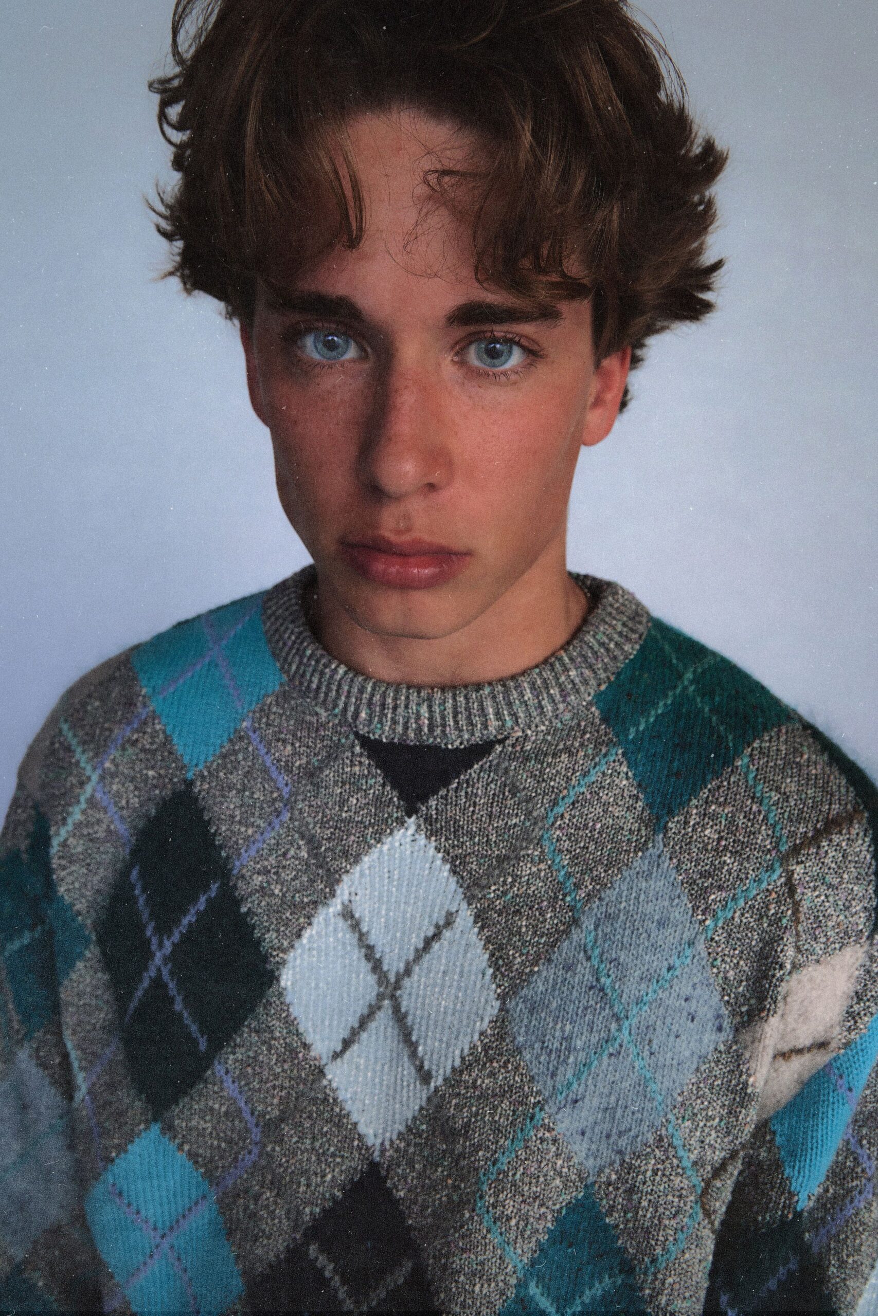 gray blue green argyle sweater