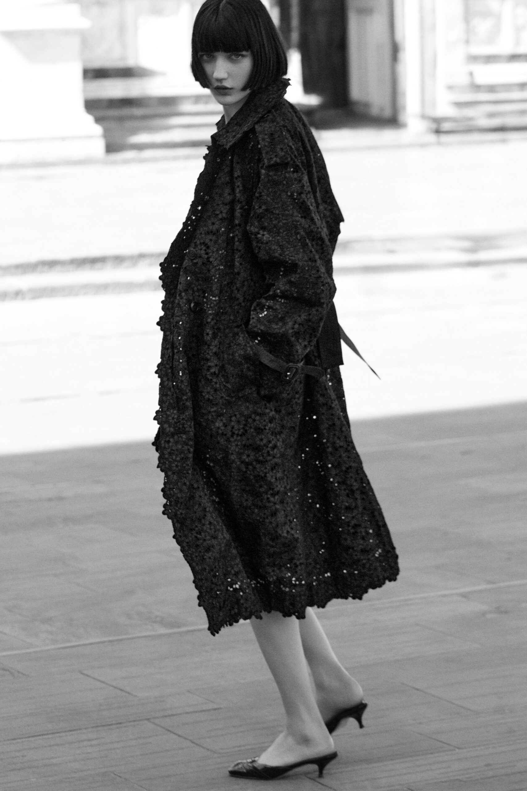 black silk long-sleeve collared relaxed layered embellished dress