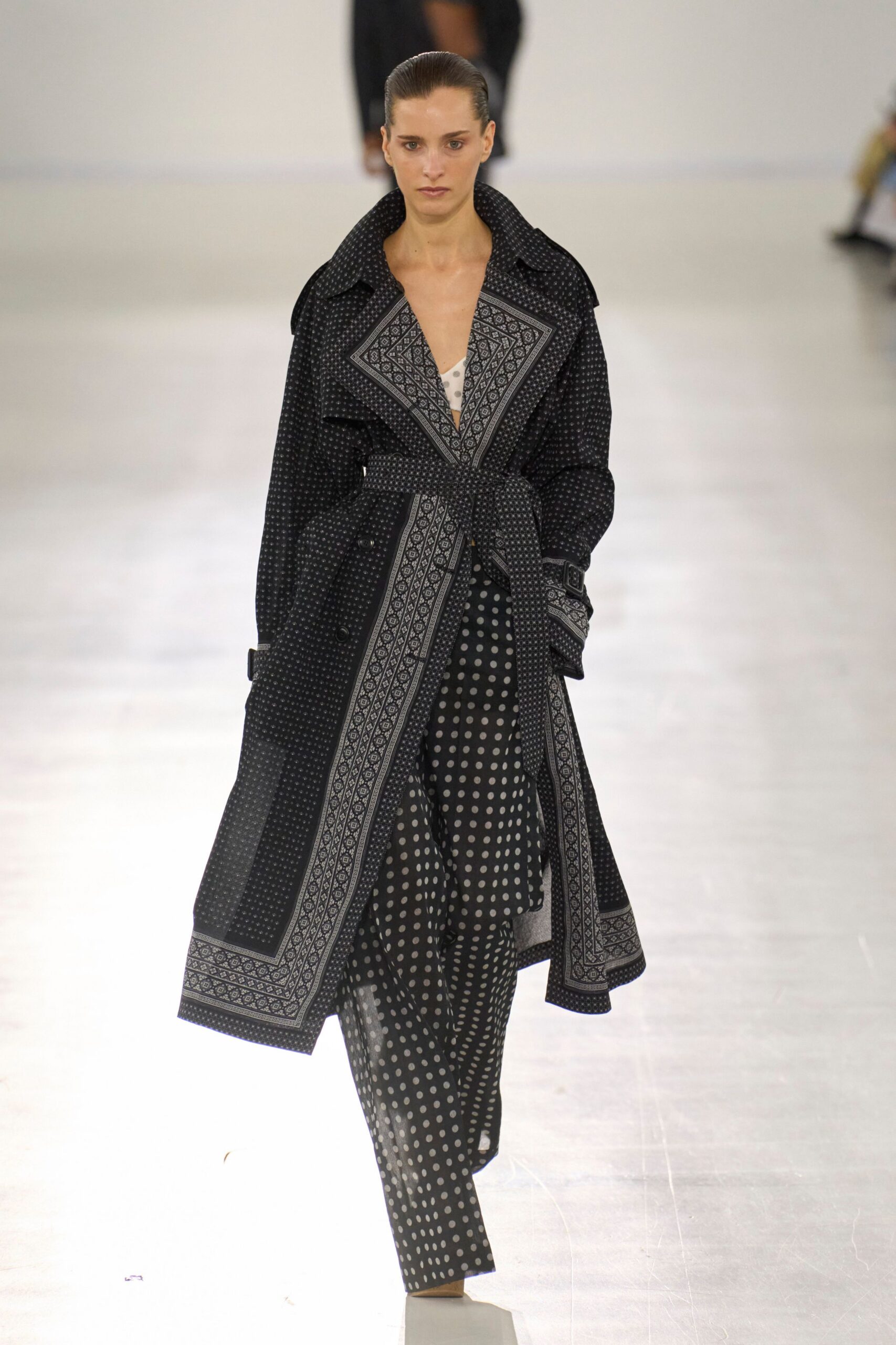 black and white printed coat and jumpsuit