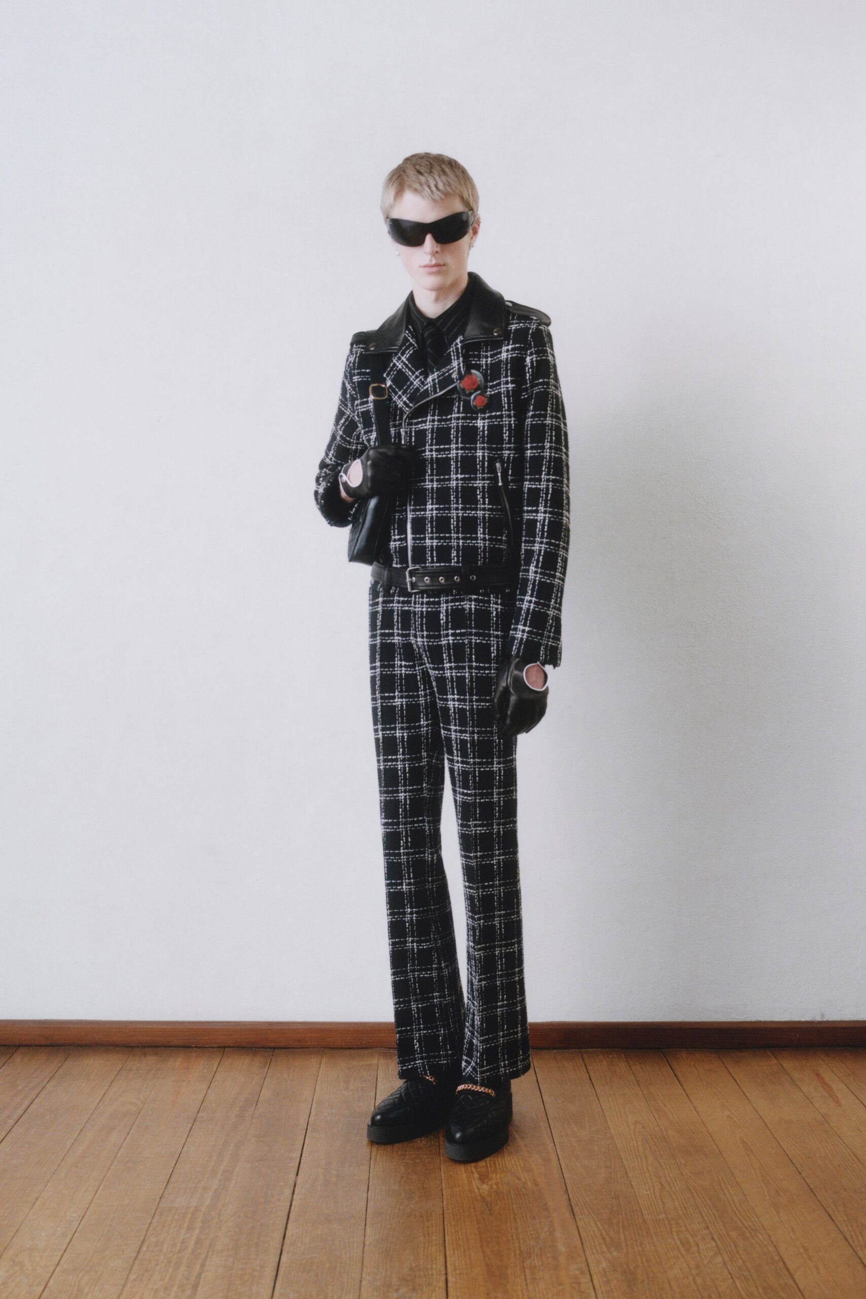 black and white checked jacket and pants