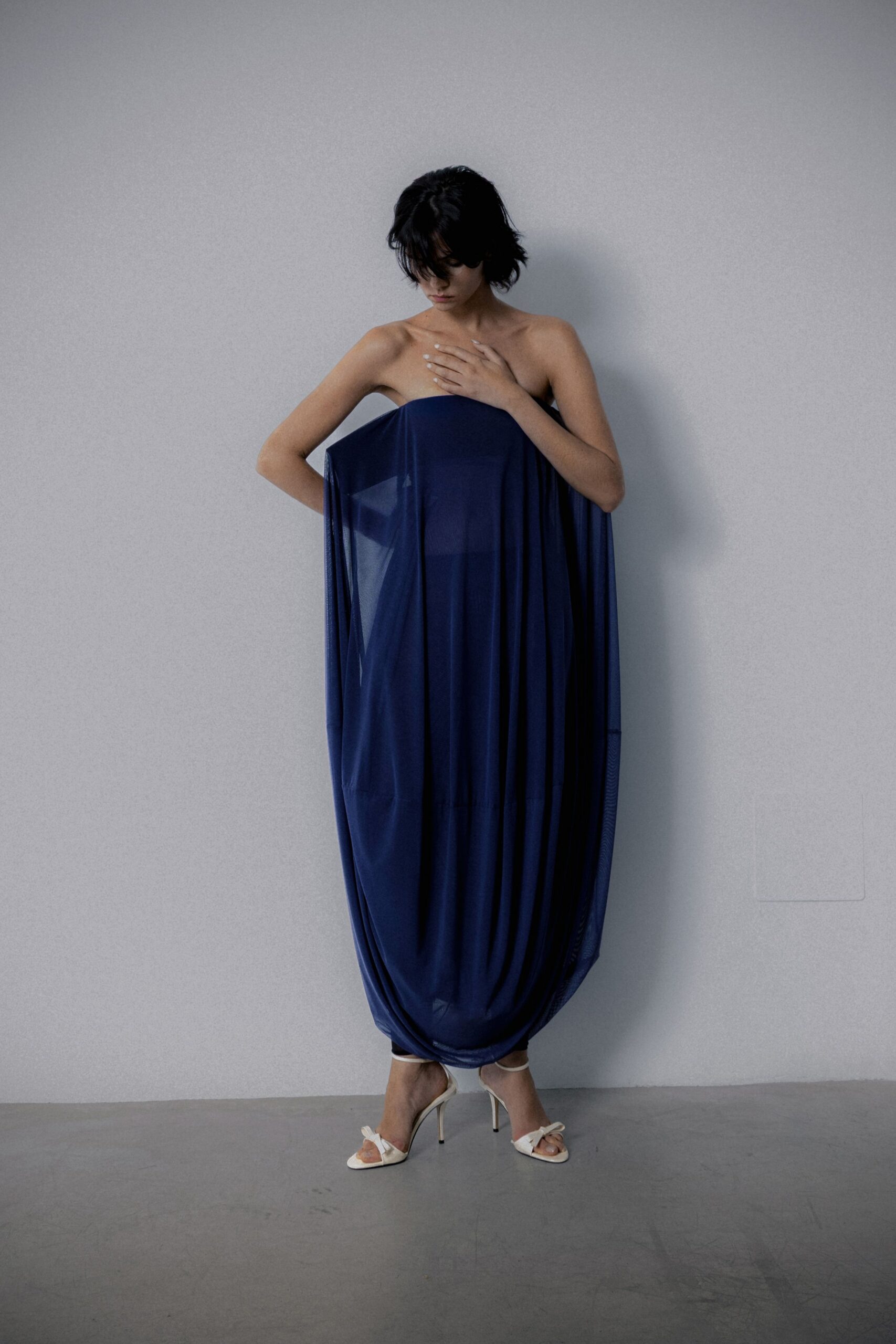 blue silk strapless relaxed draped flowing maxi dress