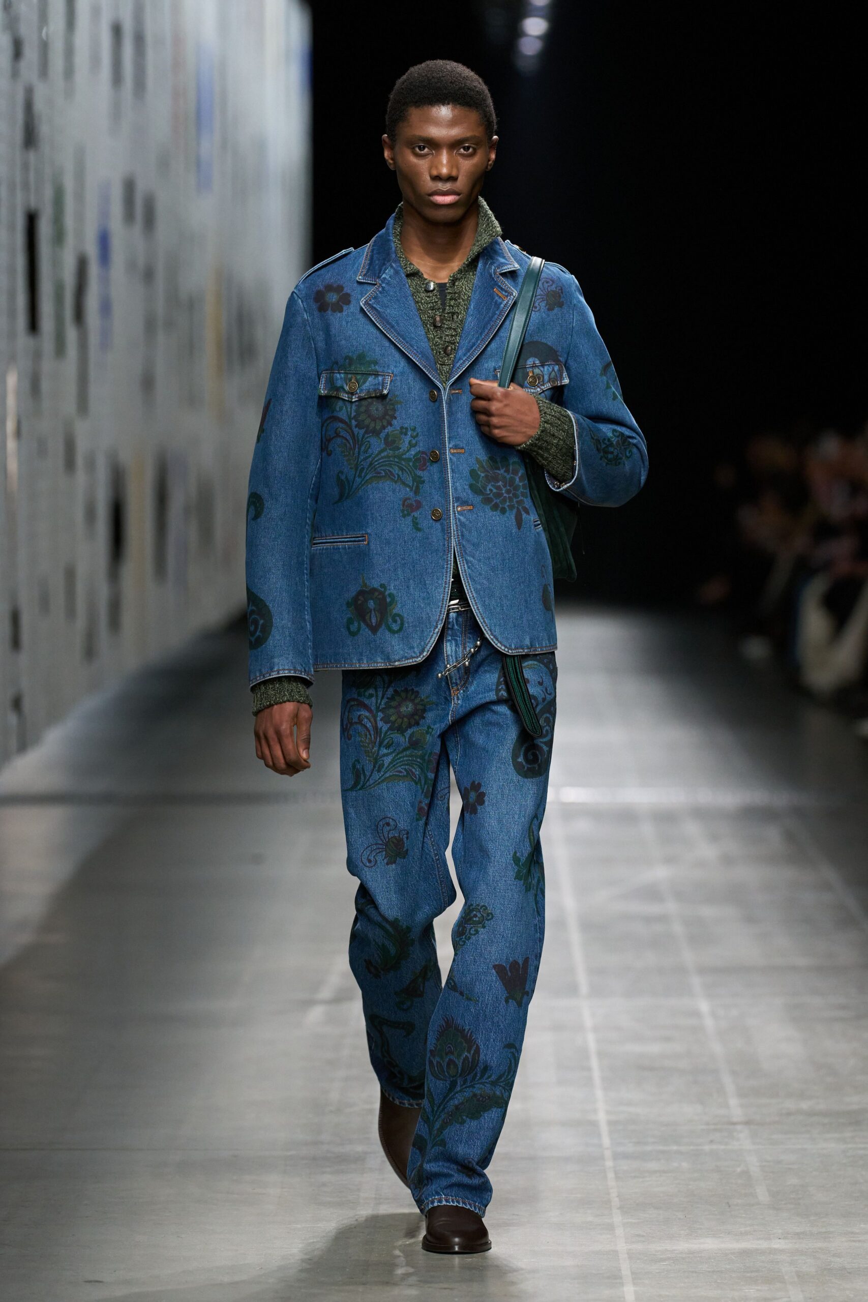 blue denim long-sleeve collared tailored embroidered jacket