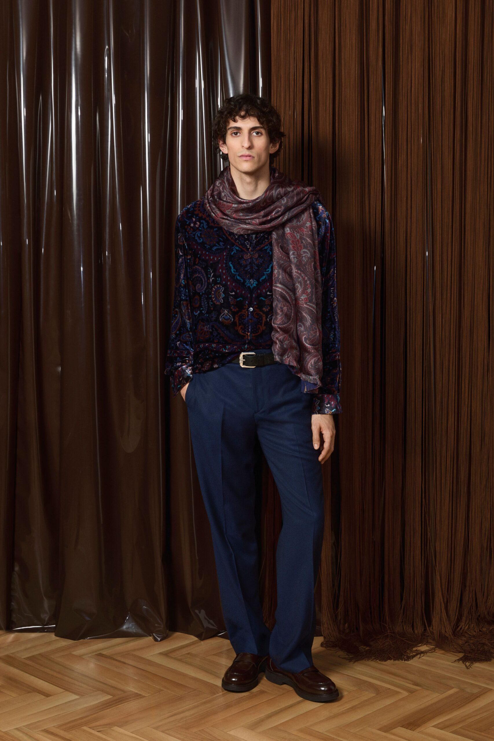 blue velvet shirt with tailored pants