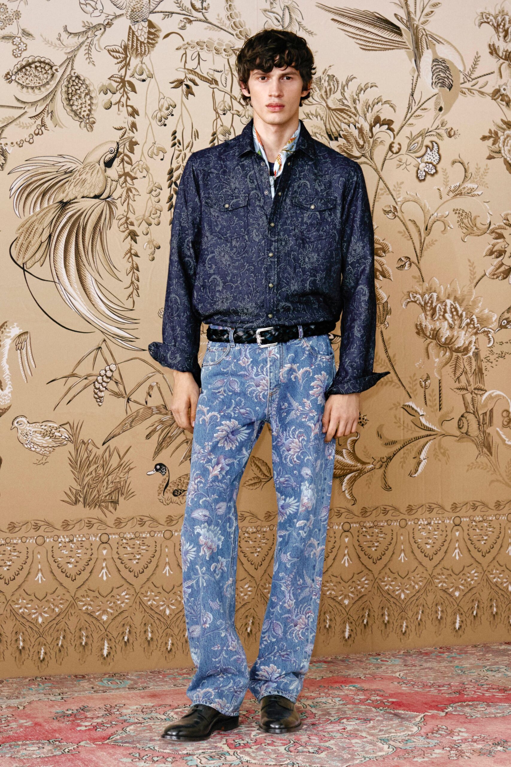 blue printed shirt with flared pants