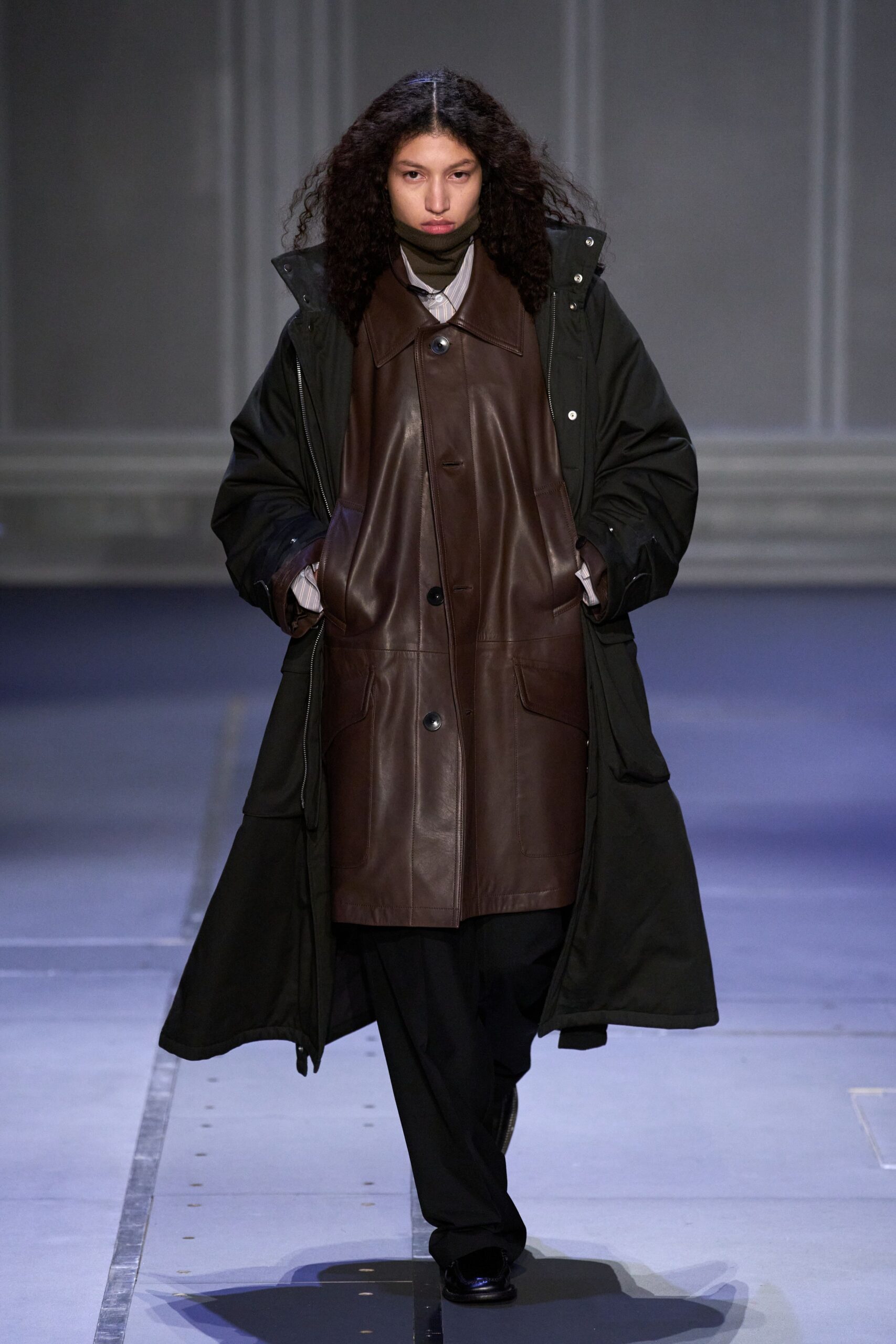 brown leather long-sleeve collared fitted buttoned coat