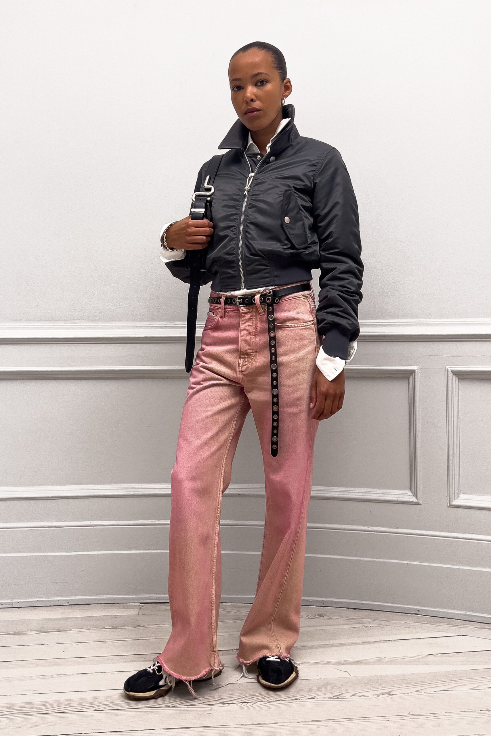 pink denim relaxed flared pants