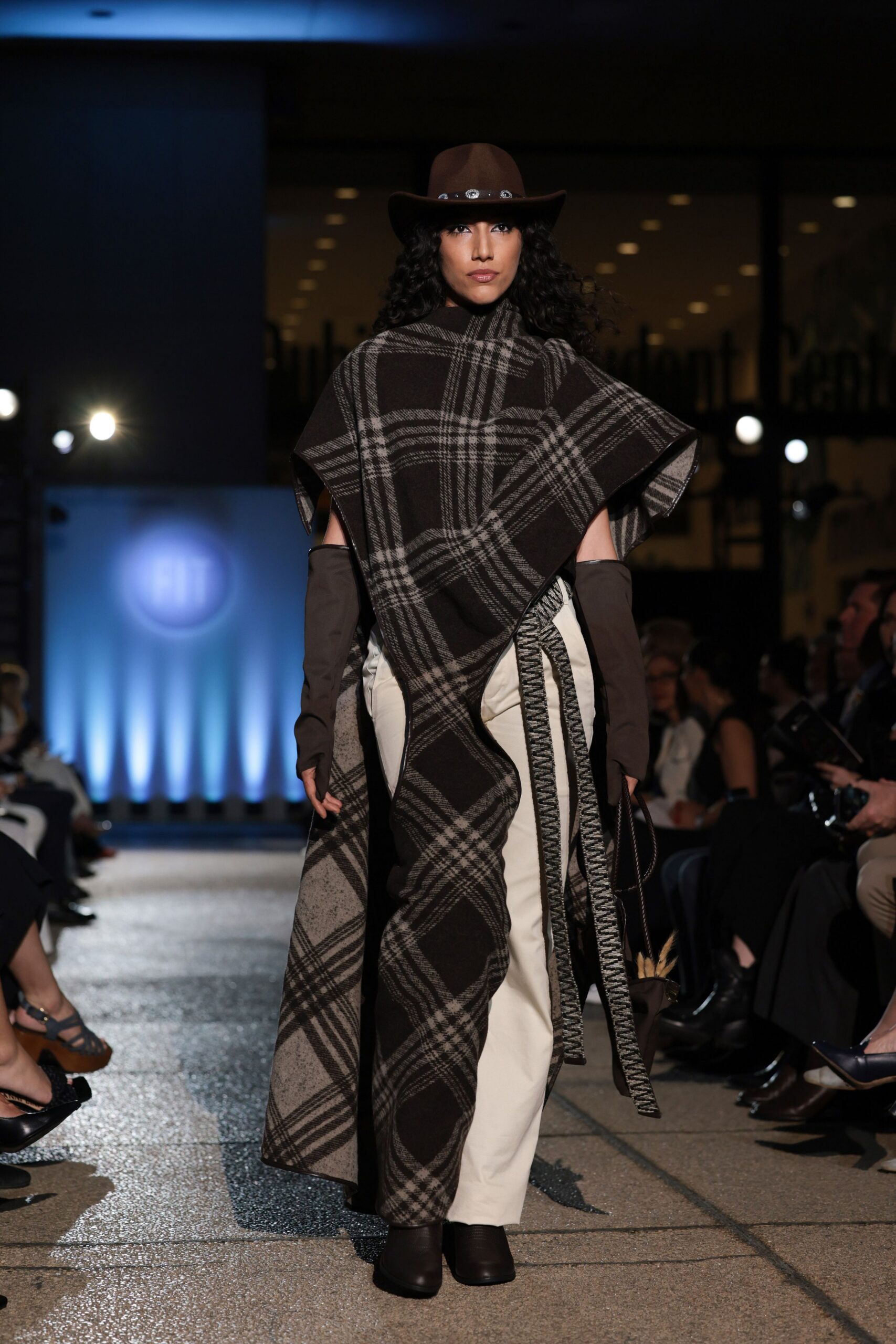 brown wool sleeveless relaxed checked poncho