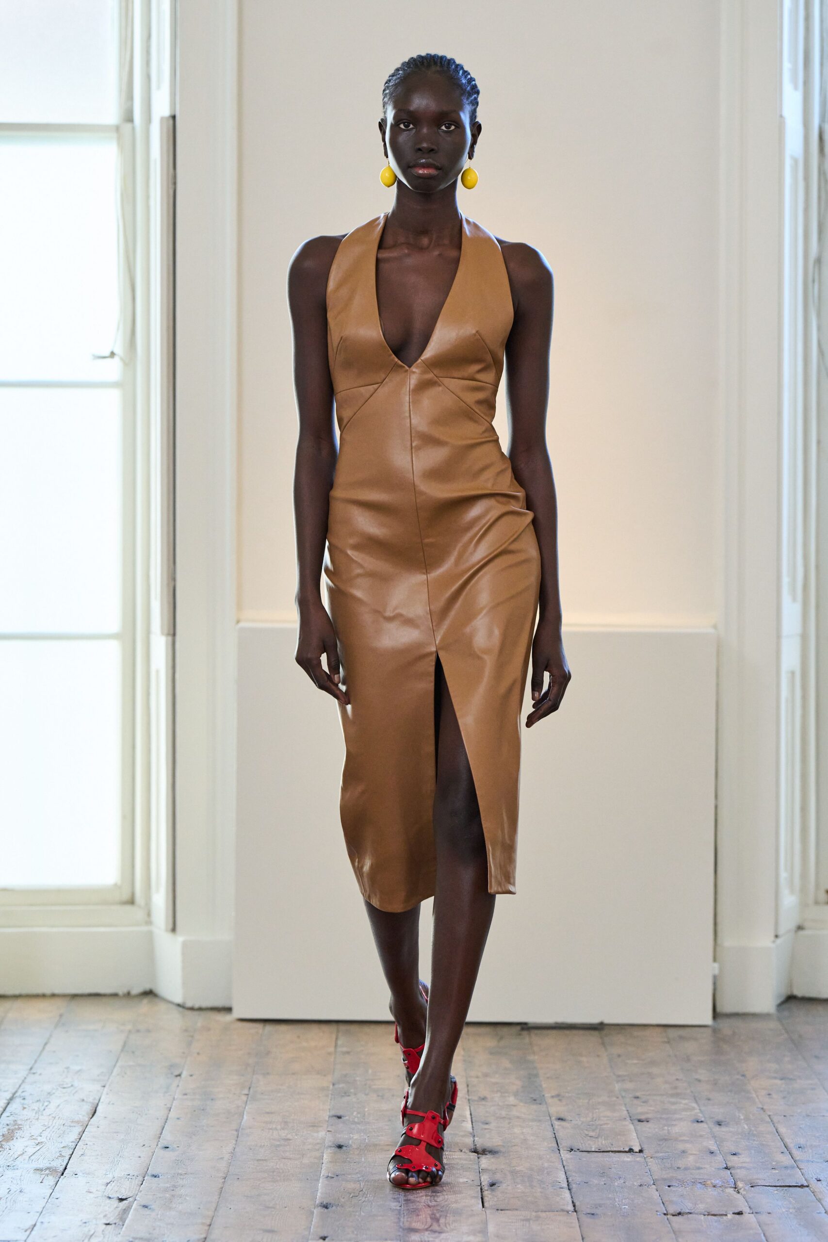 brown leather sleeveless v-neck fitted midi dress
