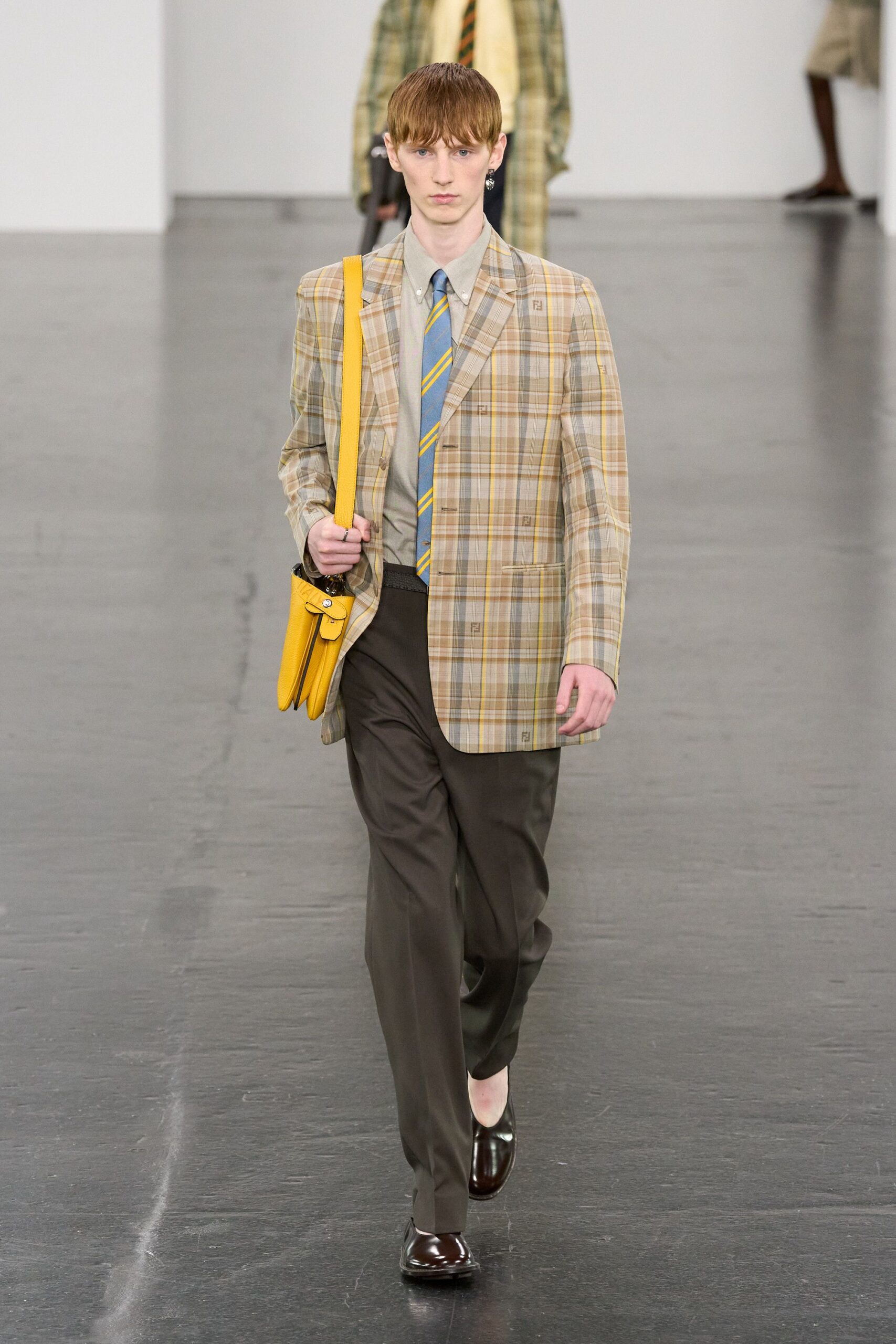 beige checked blazer with yellow bag