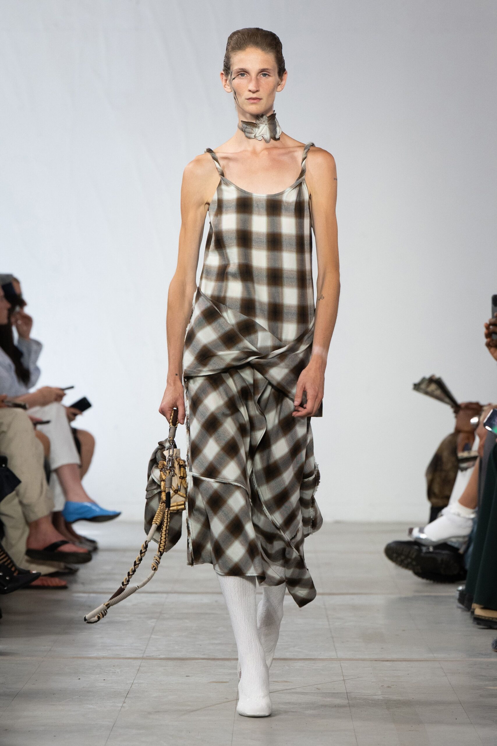 brown and white plaid midi dress