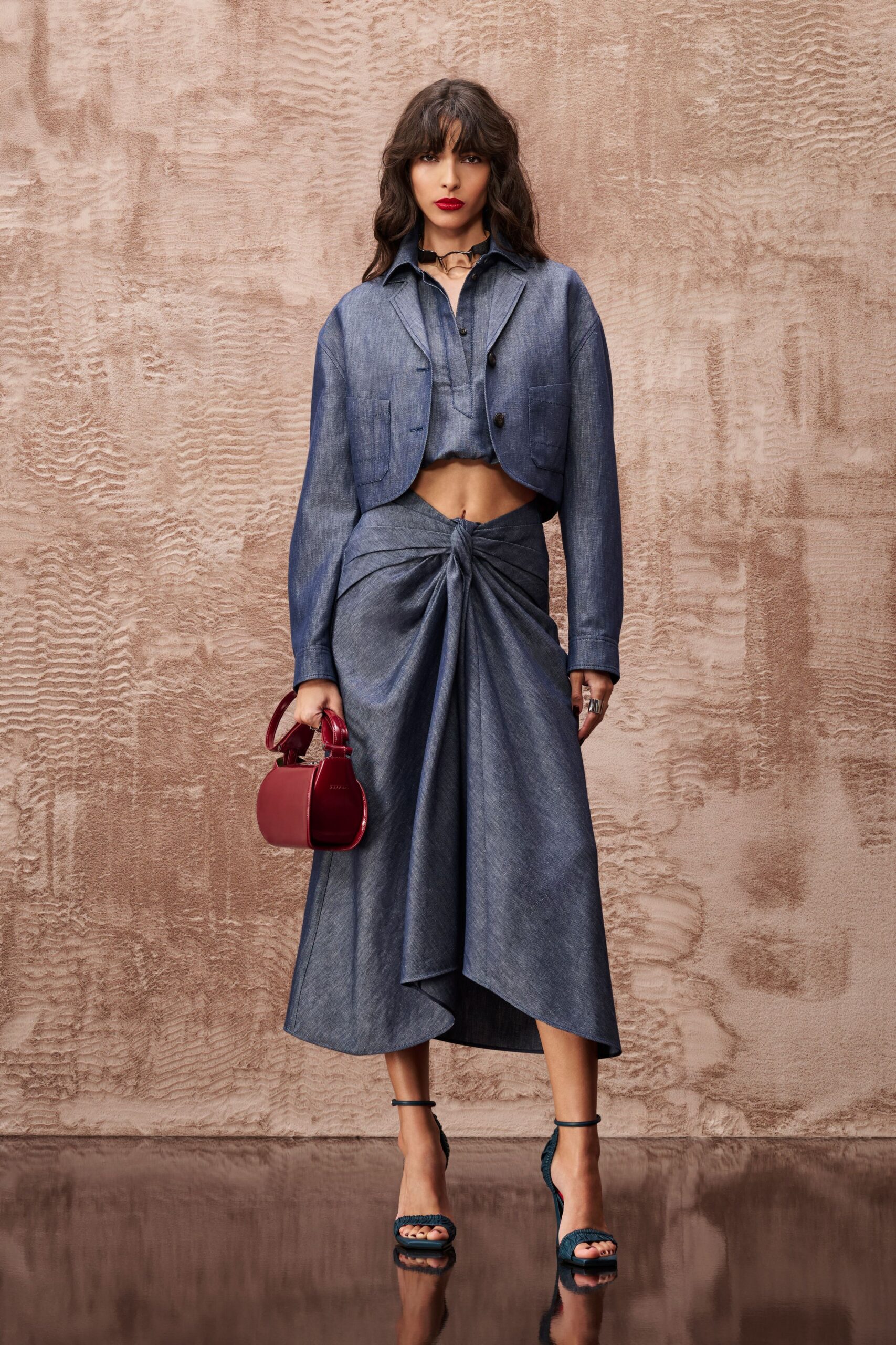 blue denim asymmetric fitted high-waisted draped skirt