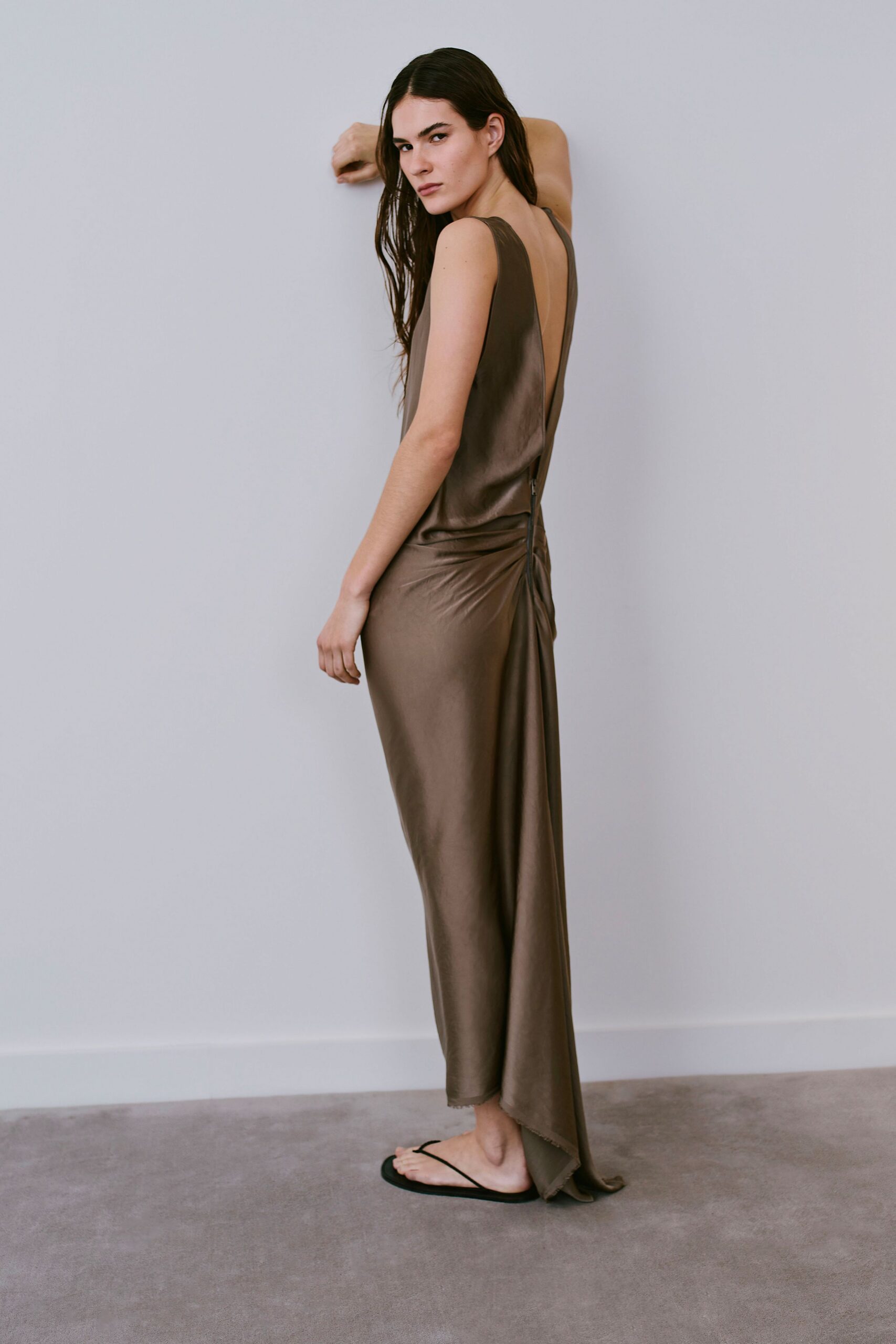 brown silk sleeveless gown