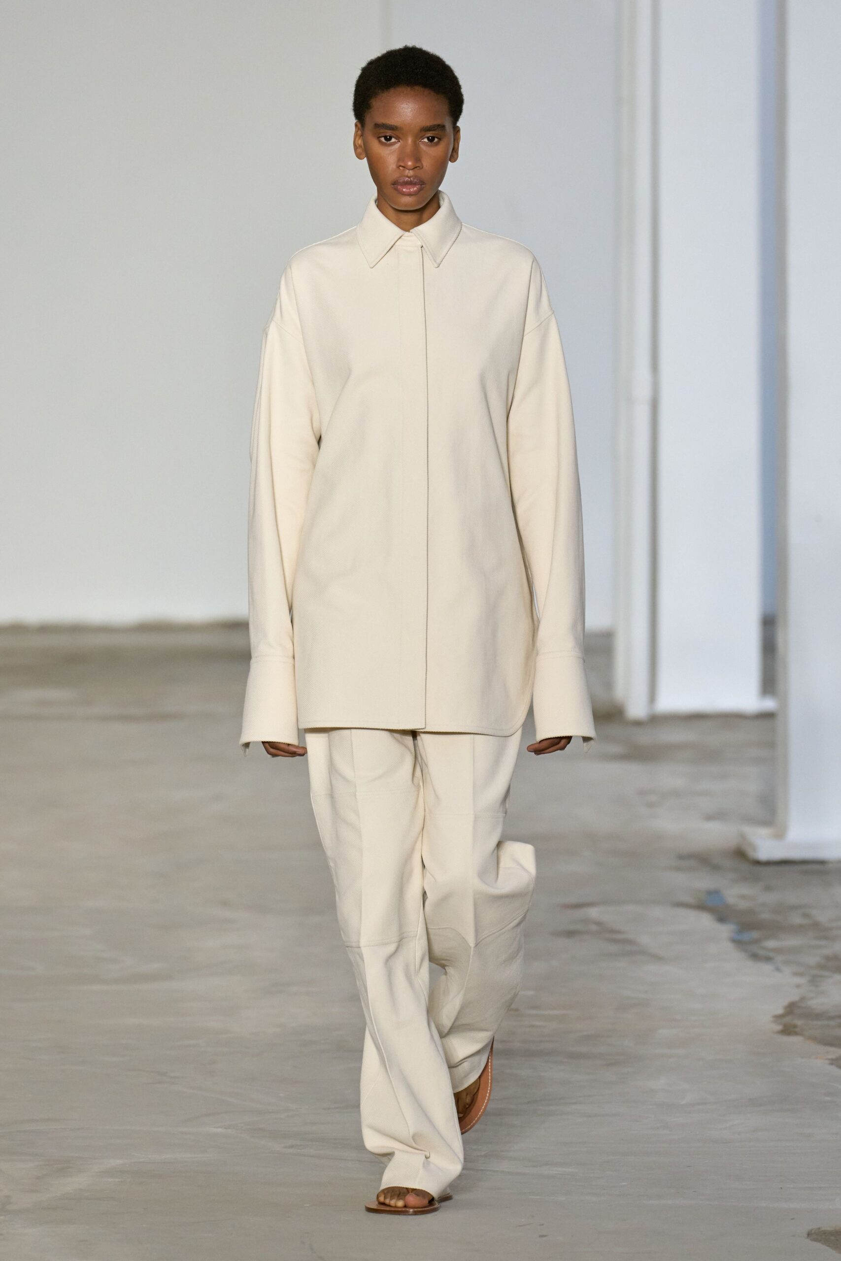 beige oversized shirt and relaxed pants