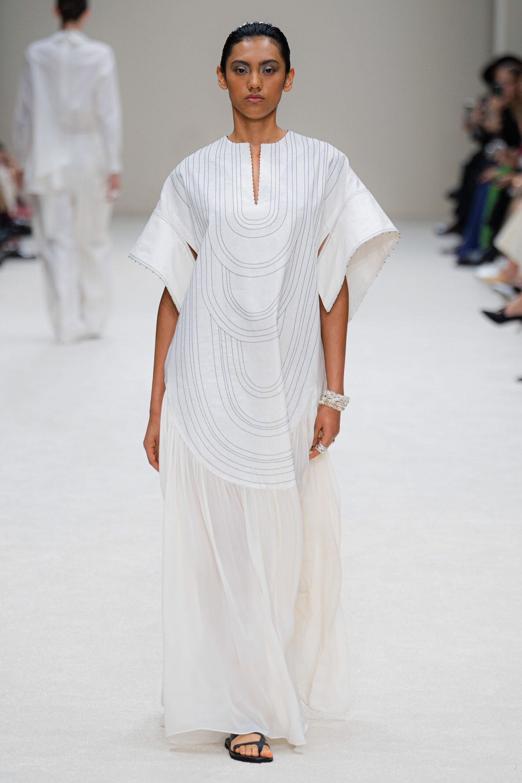 white silk sleeveless v-neck relaxed layered embroidered dress