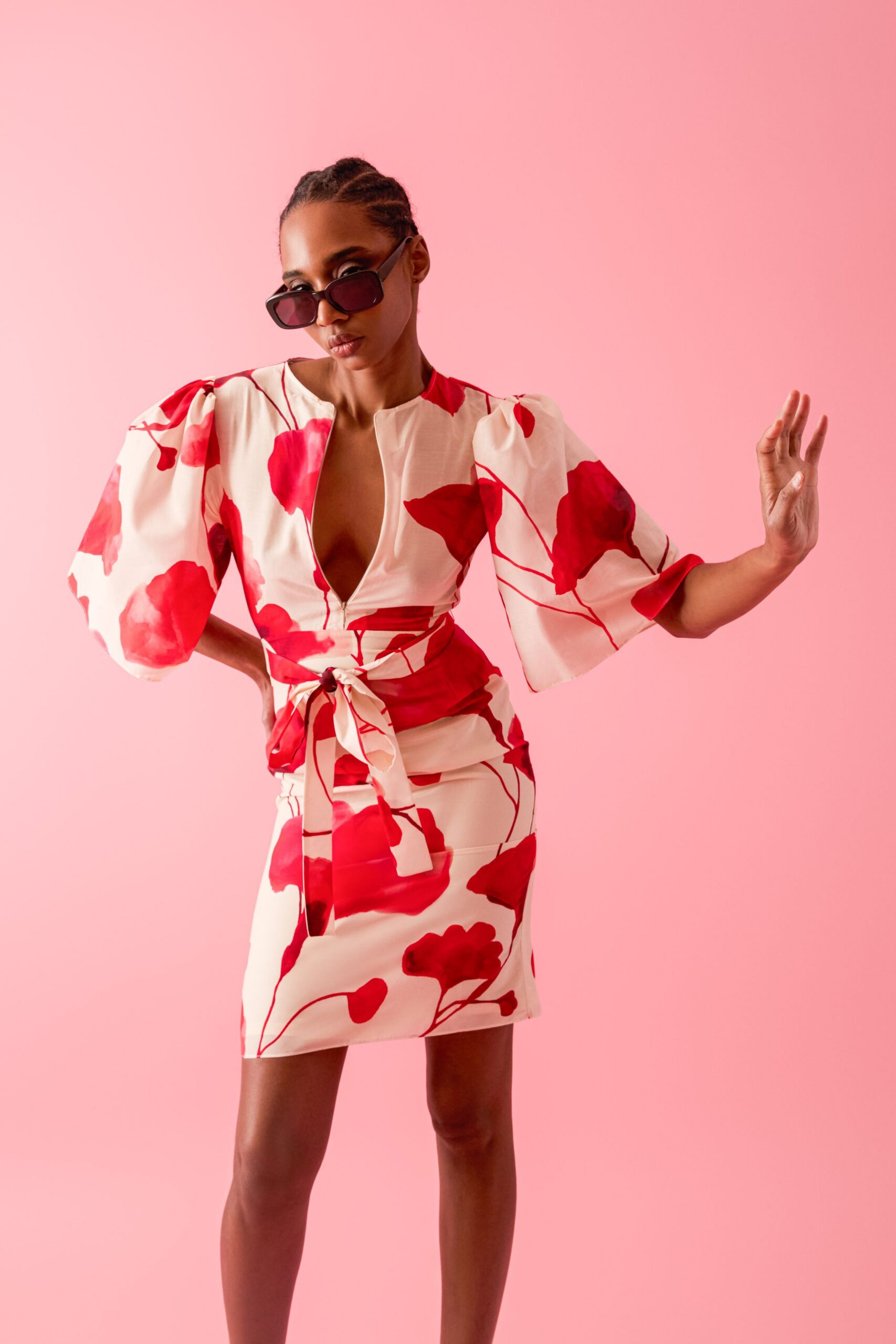 floral mini dress with sunglasses