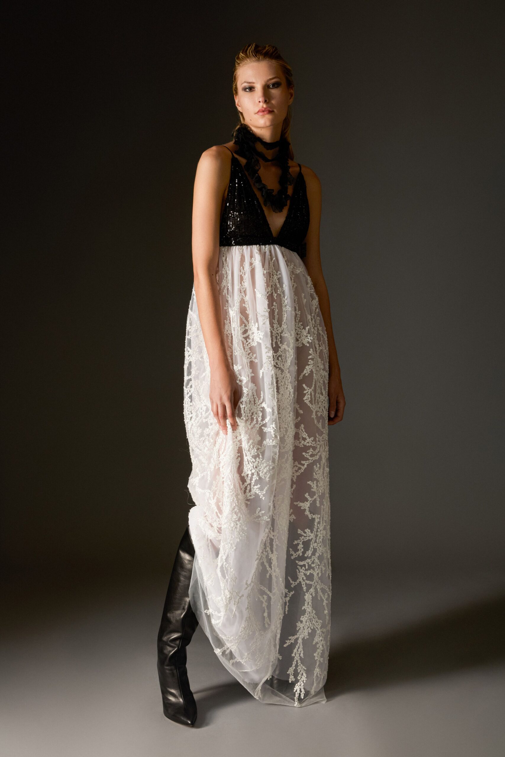 black silk sleeveless v-neck fitted embroidered gown