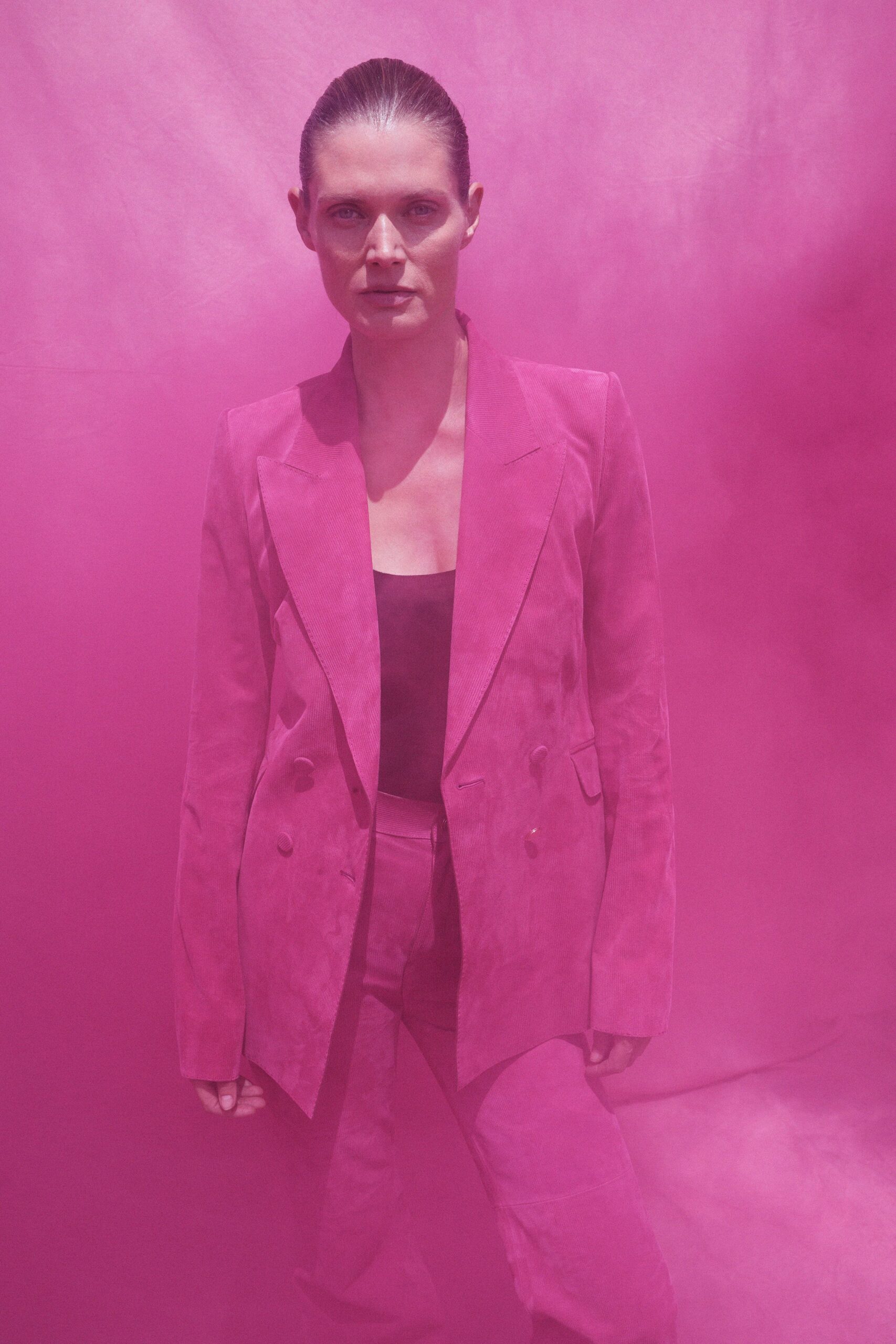 pink suede long-sleeve collared tailored blazer