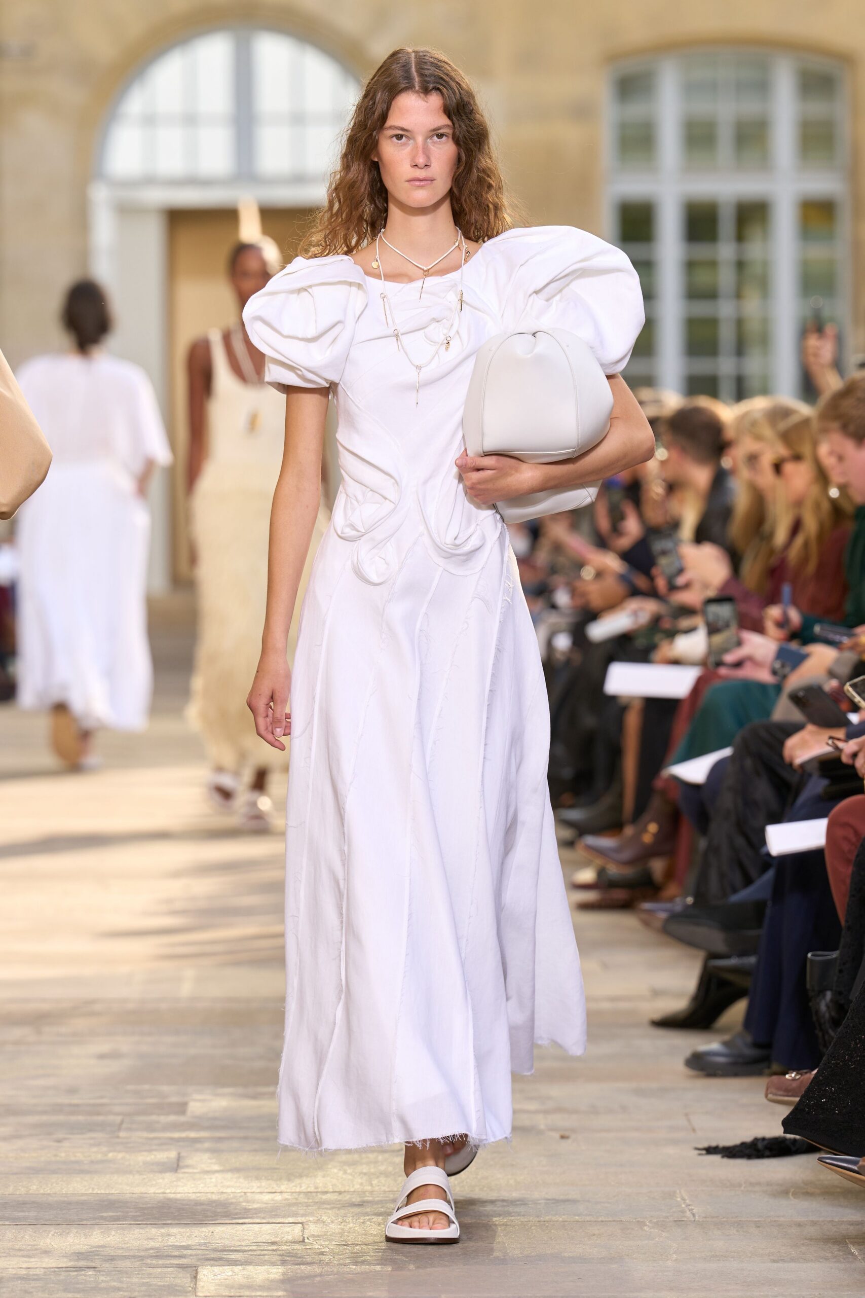 white midi dress with pleats