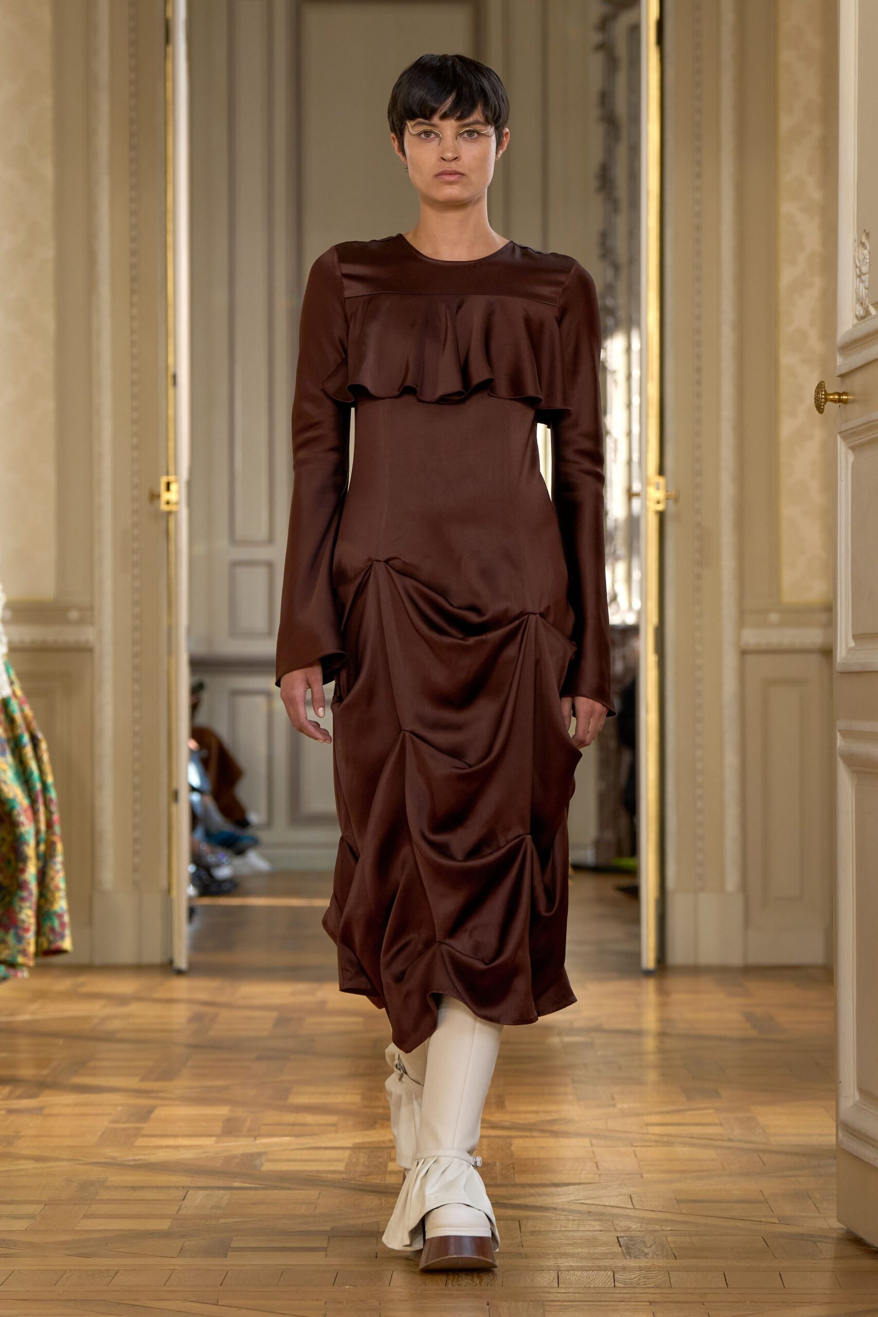 brown silk long-sleeve fitted ruffled draped midi dress