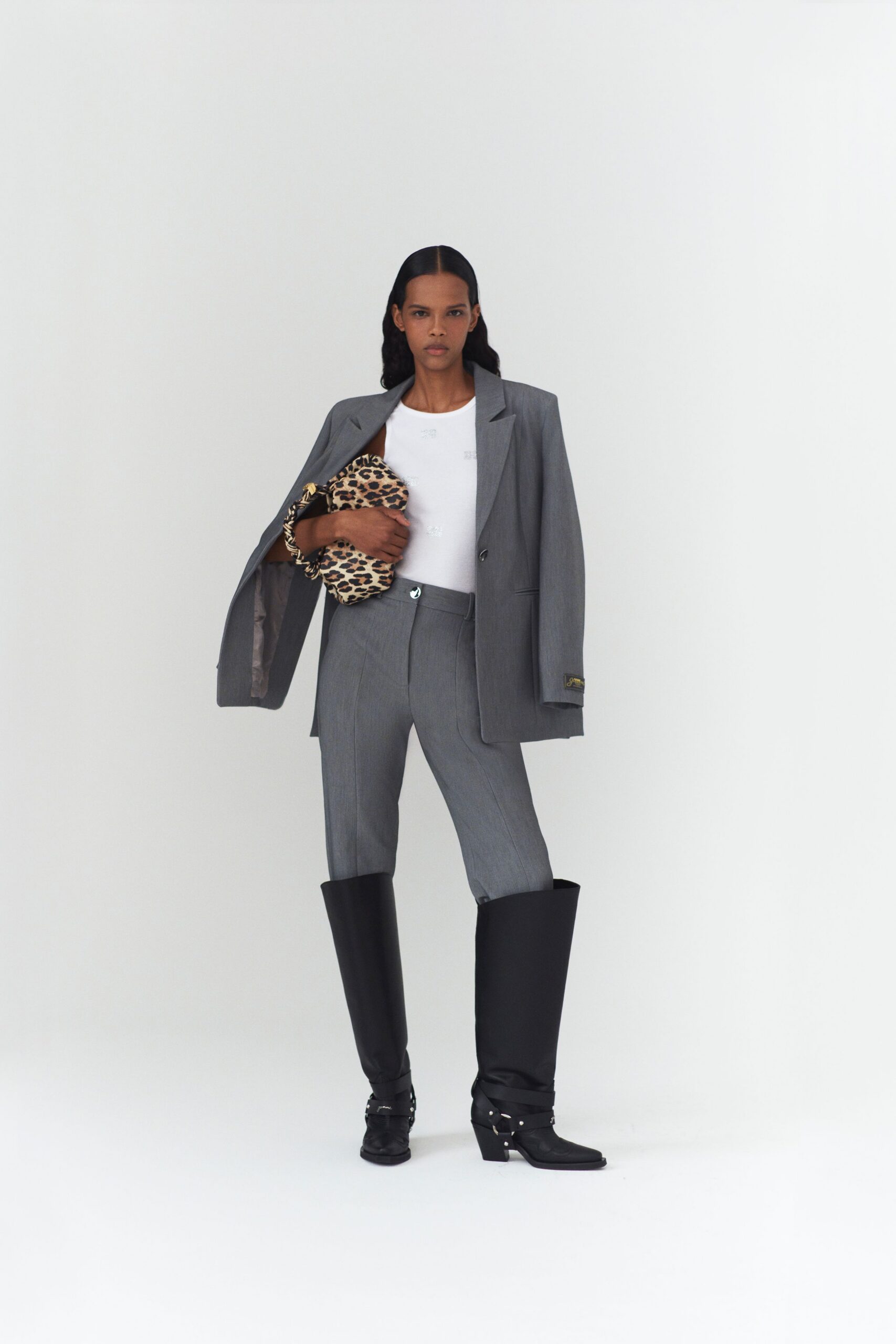 gray blazer white shirt tailored pants