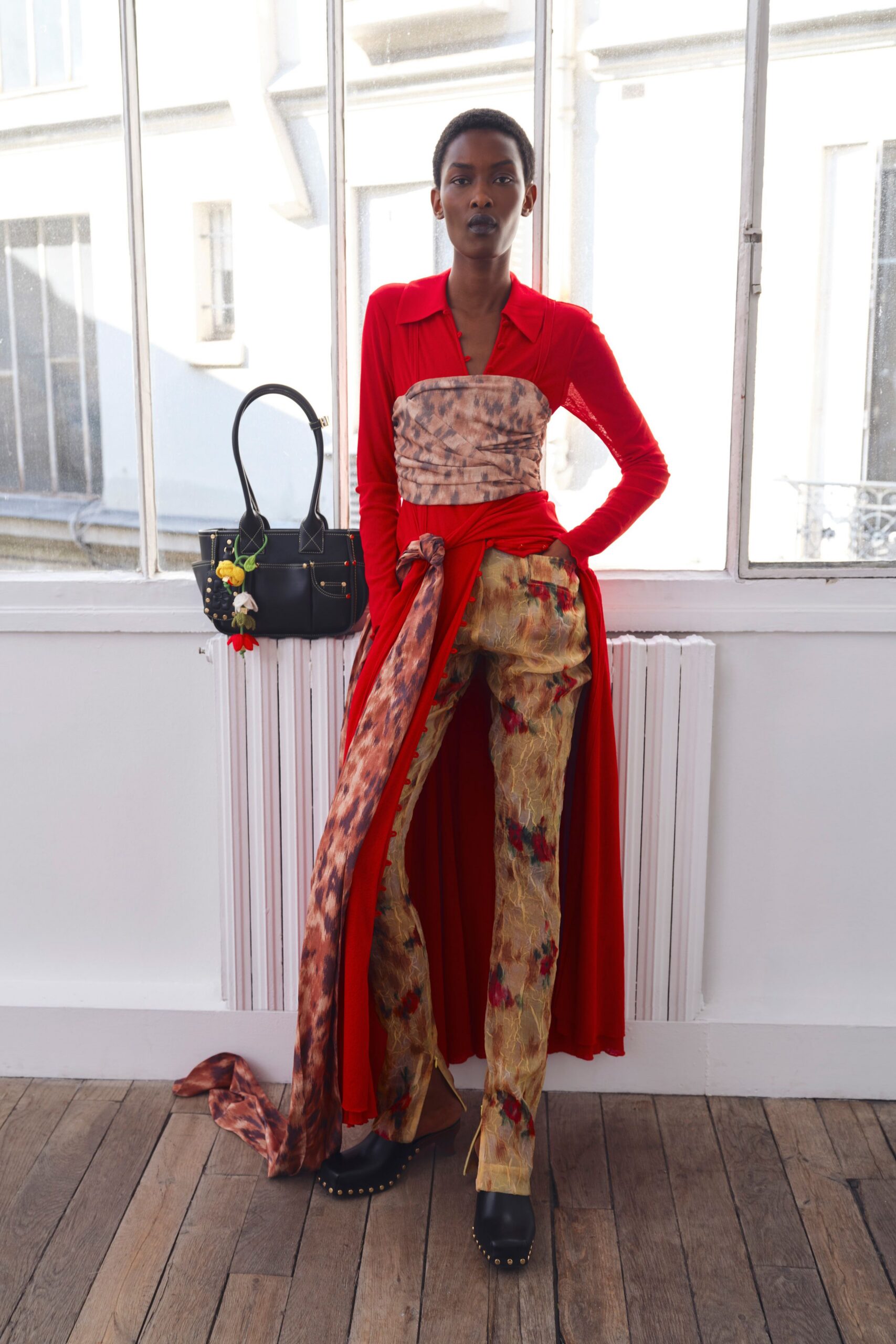 brown silk fitted flared pants